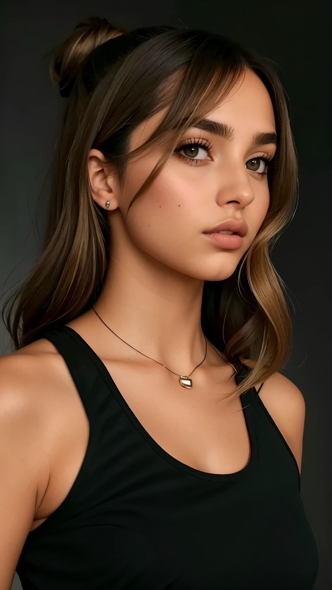 um close de uma mulher com uma blusa preta e um telefone celular, Retrato de Sophie Mudd, inspirado em Emma Andijewska, queixo definido, beautiful cheekbones, queixo forte, retrato emily ratajkowski, well queixo definido, queixo cinzelado, ana de armas portrait, defined cheekbones, moist skin, ellie victoria gale