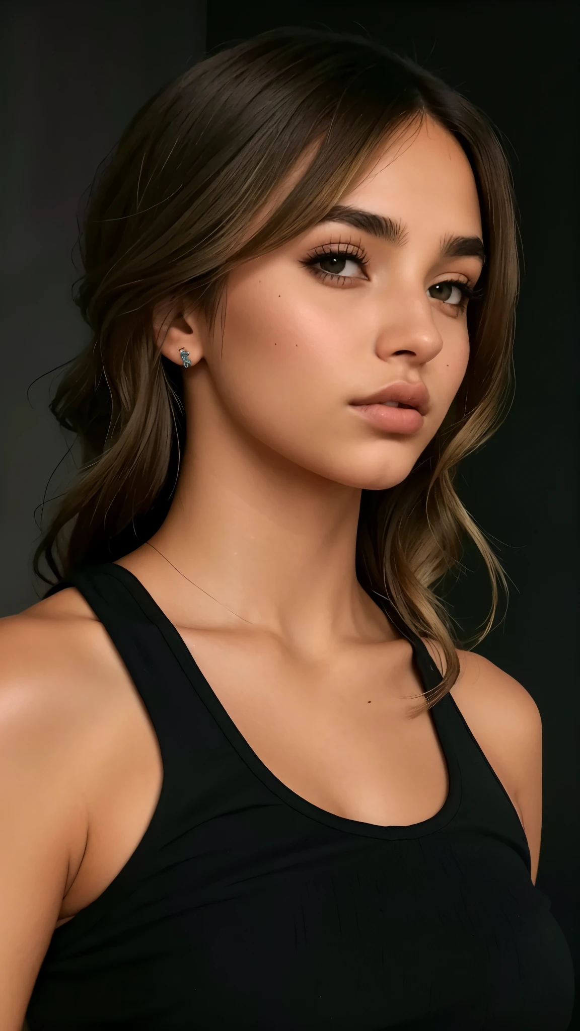 um close de uma mulher com uma blusa preta e um telefone celular, Retrato de Sophie Mudd, inspirado em Emma Andijewska, queixo definido, beautiful cheekbones, queixo forte, retrato emily ratajkowski, well queixo definido, queixo cinzelado, ana de armas portrait, defined cheekbones, moist skin, ellie victoria gale