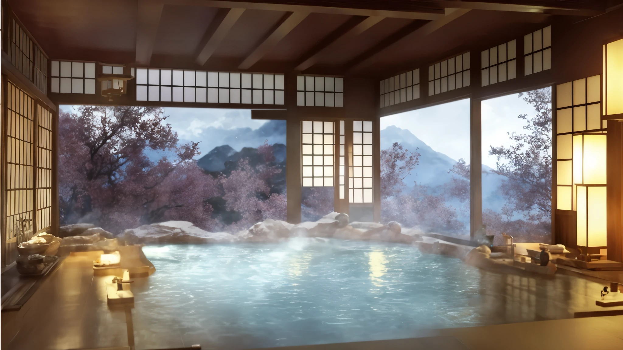 Bathtub in room with large windows, high-end hot spring, japanese hot spring, Japanese public bath, akihiko yoshida. unreal engine, hot spring, inspired by Toshi Yoshida, relaxing concept art, japonism 3d 8k super detailed, luxurious hot springs, anime landscape concept art, beautiful anime scene