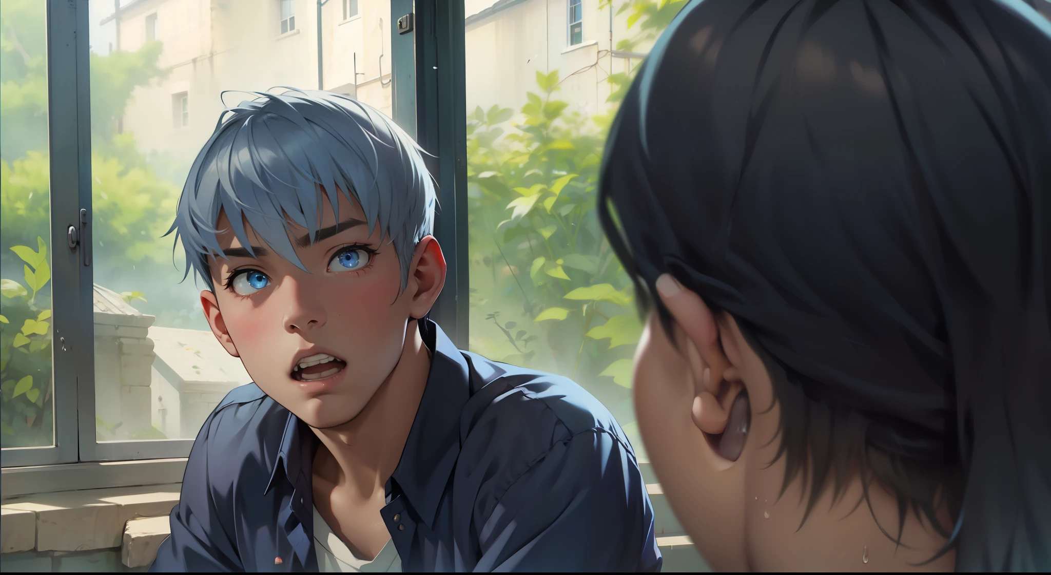  boy with silver hair blue eyes is amazed asking something 