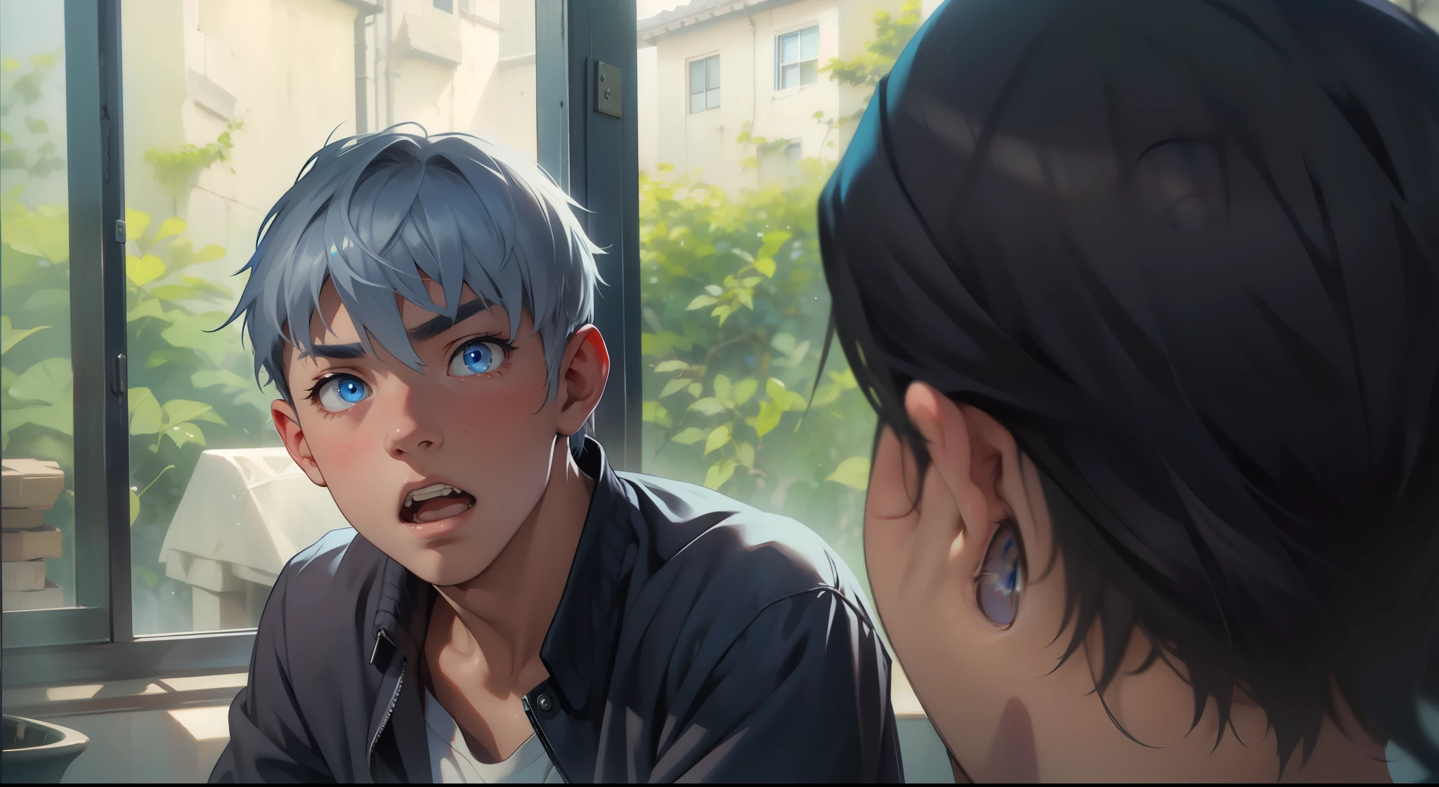  boy with silver hair blue eyes is amazed asking something 