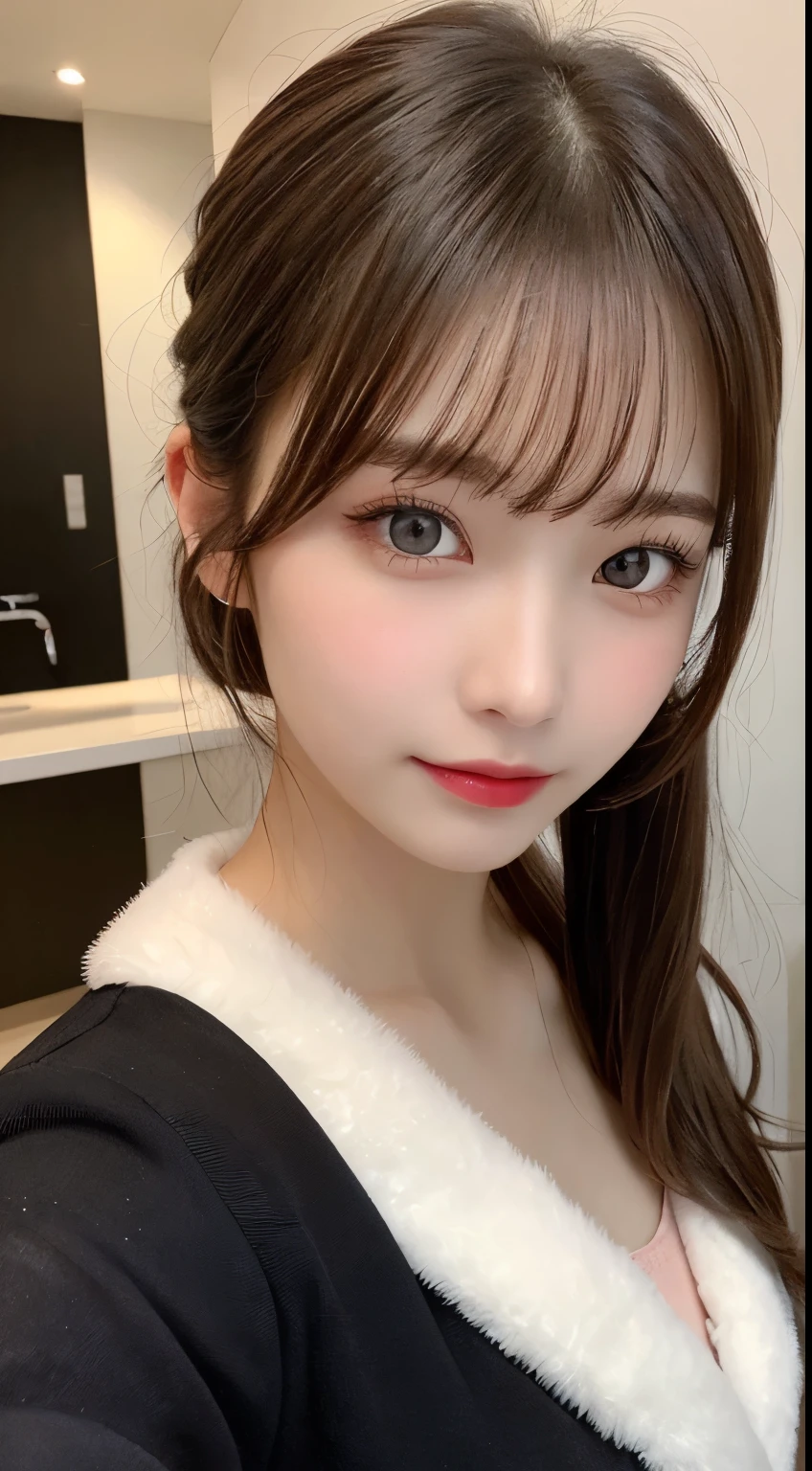 table top, highest quality, shape, Super detailed, finely, High resolution, 8k wallpaper, 完璧なダイナミックな構shape, beautiful and detailed eyes, medium hair, small breasts, natural color lip, random sexy pose,smile,20 year old girl、midnight、beautiful and detailed face、perfect and beautiful face,Big eyes、RAW photo、Expressing feminine poses with your whole body、beautiful and detailed eyes、small face、beautiful duplex、slim face and style,luxury brand mink coat(internal：black winter dress)、beautiful golden ratio face,twin ponytail hair