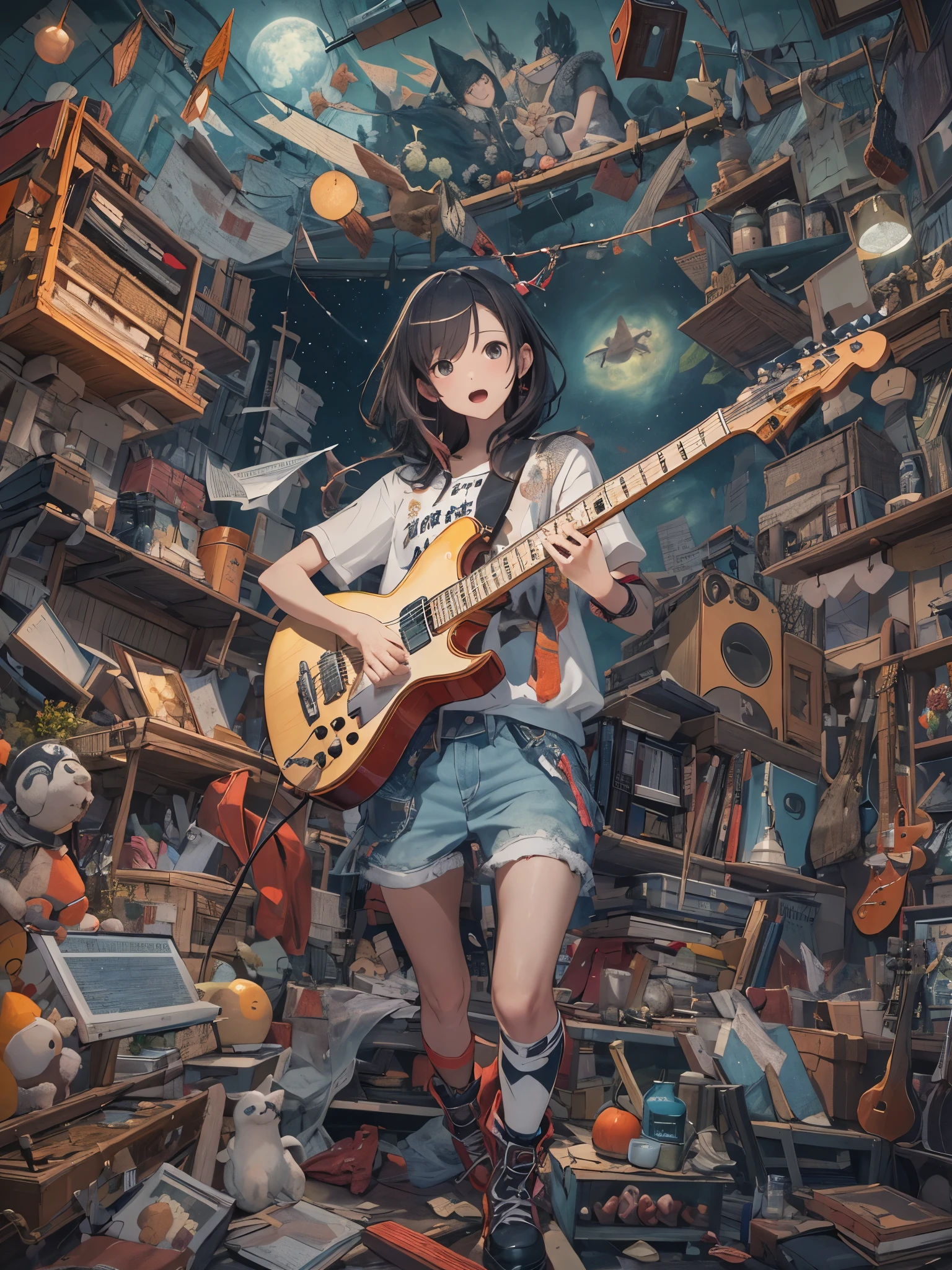 outrageous solution、High resolution、(masterpiece:1.4)、Super detailed、space、floating、 Girl Strumming Guitar、live house、Front view、full body portrait、From the head to the tips of the shoes