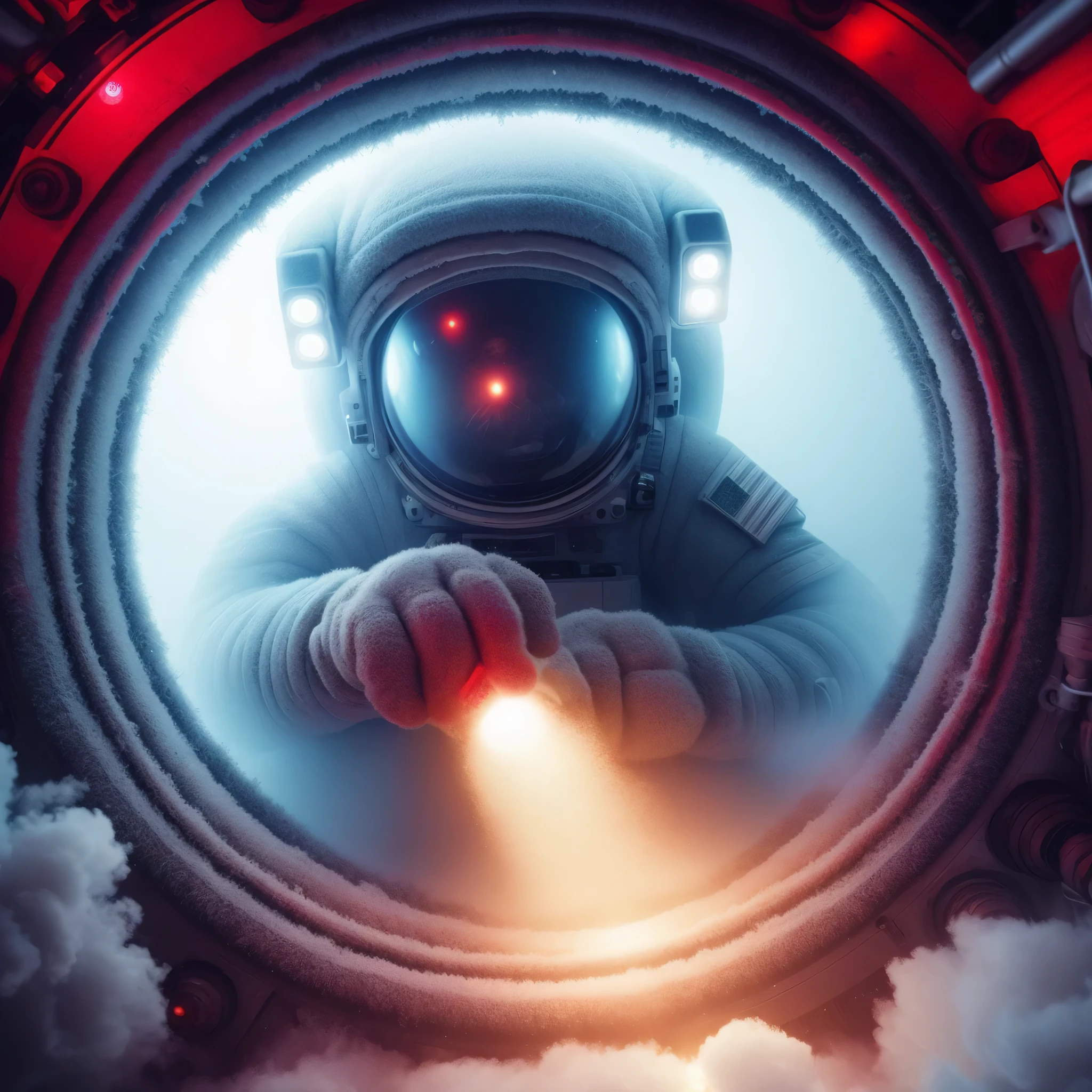 a close up of a person in a space suit holding a light, portal to outer space, astronaut below, inspired by Beeple, realism | beeple, beeple. hyperrealism, by Beeple, astronaut lost in liminal space, beeple and mike winkelmann, portal in space, beeple daily art