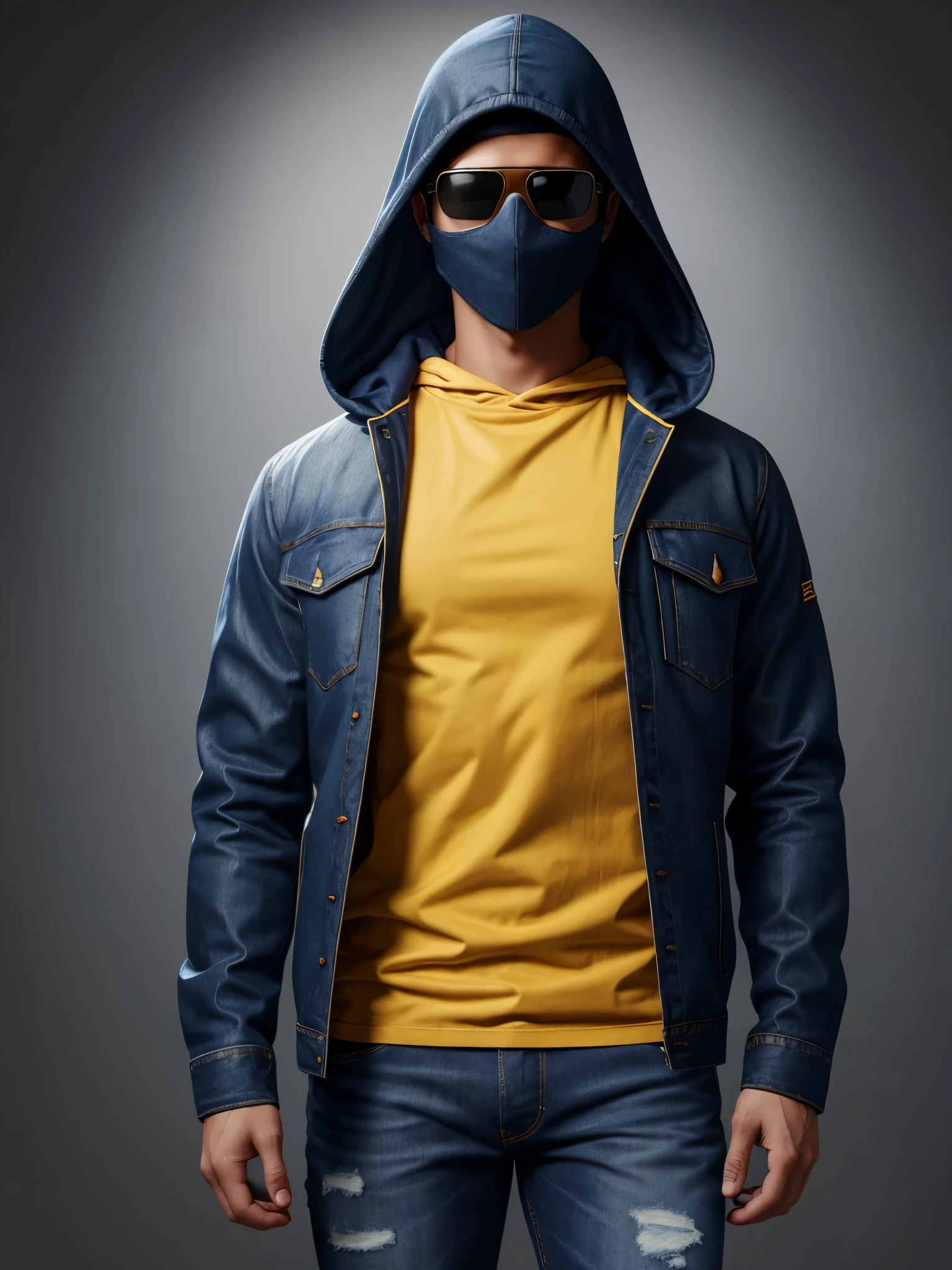 white background, a male character, oil painting style, full body, perfect body, wearing jeans, a dark yellow shirt, a navy blue jacket with a hood on his head covering his face. wearing futuristic glasses. ultra detailed, high definition, 8k, high resolution, professional lens.