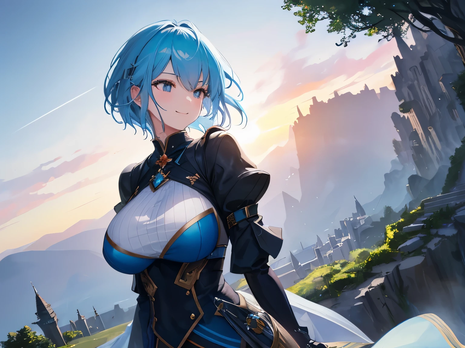 (a)Perfect landscape,Io scenery,secret garden,sunrise,sci-fi,HDR:1.2,DOF:1.1,torch lighting,an intricate and sprawling castle complex at the slopes of mountains across a valley,ultra-detailed,professional,vivid colors,portraits,landscape,horror,anime,sea dragon,photography,concept artists,HDR,DOF,torch lighting, Portrait of a smiling girl in the middle distance, the most beautiful in the world,short light blue hair, metal reflections, upper body, outdoors, intense sunlight, Distant castle, professional photography of a stunning detailed woman, sharp focus, Dramatic, Award-winning, Cinematic lighting, , DTX volumetrics, (depth of field, , motion blur:1.3), chain mail, busty, huge breasts