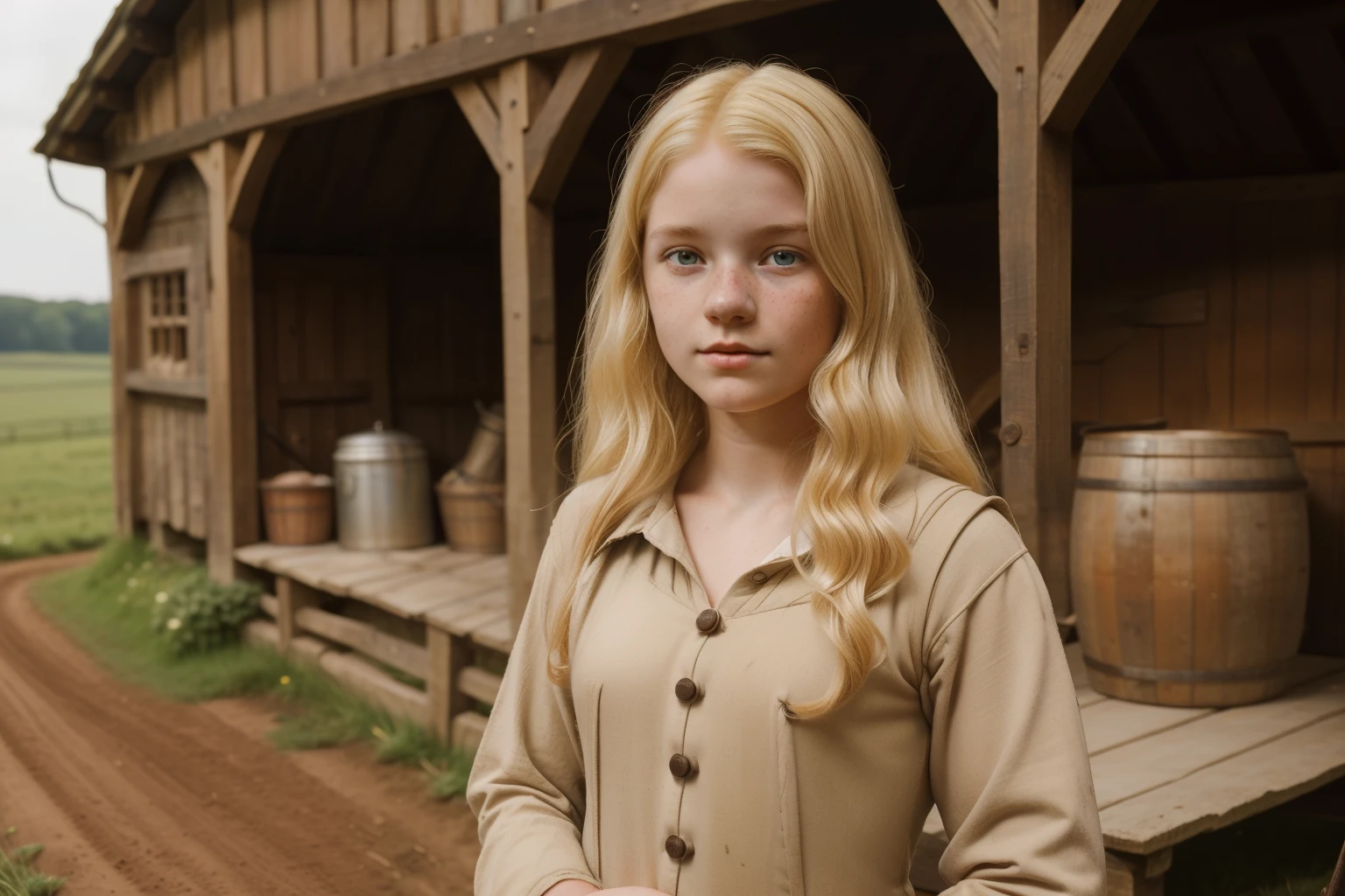 England, 1337. A young ((((18-year-old)) Gwenda)), strong, rustic, freckles all over her face, working in the farm, plowing. ((((clothings from the 1300s)))), ((blond hairstyle of the 1300s))