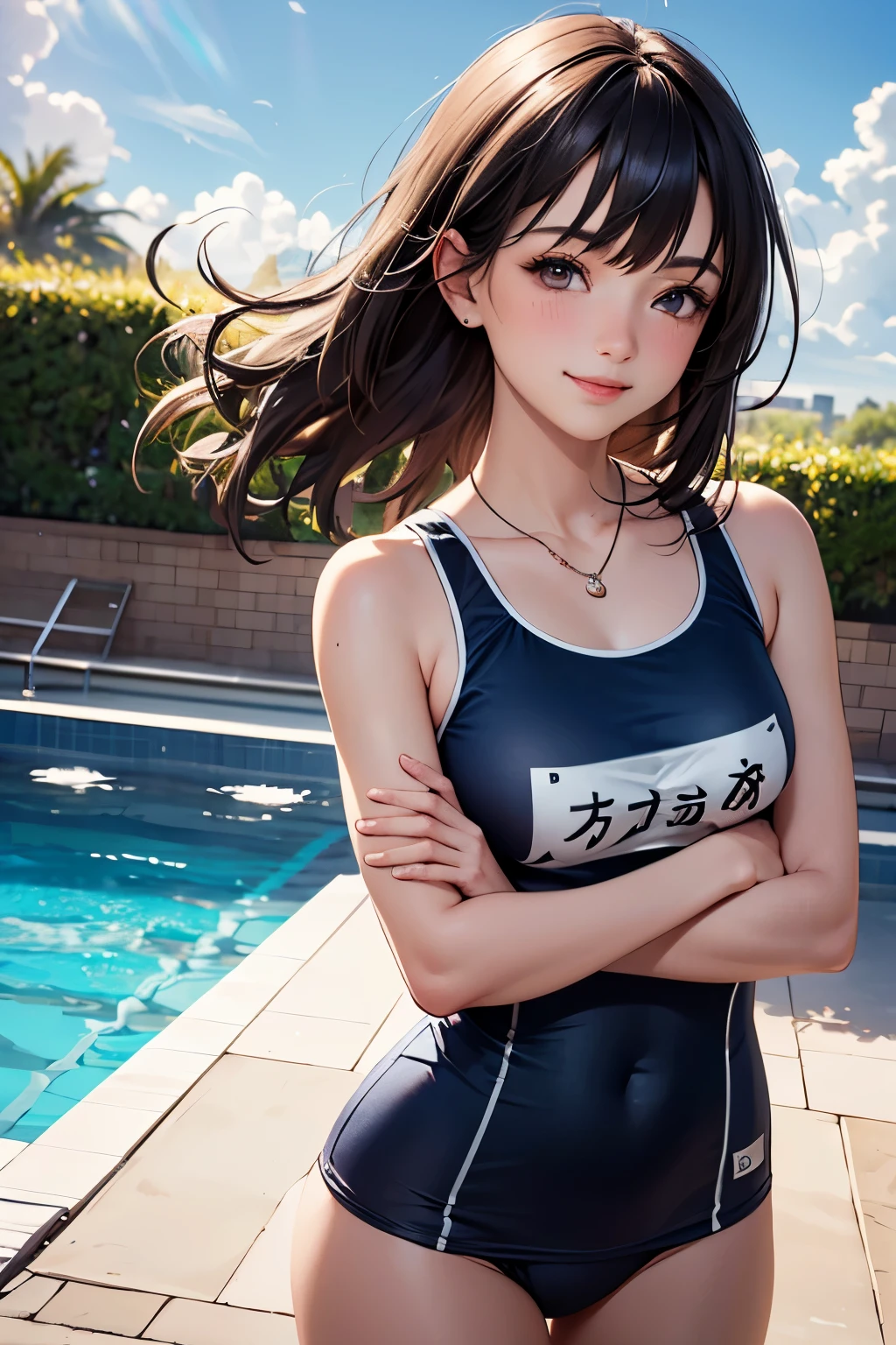 A close up of a woman in a swim suit near a pool - SeaArt AI