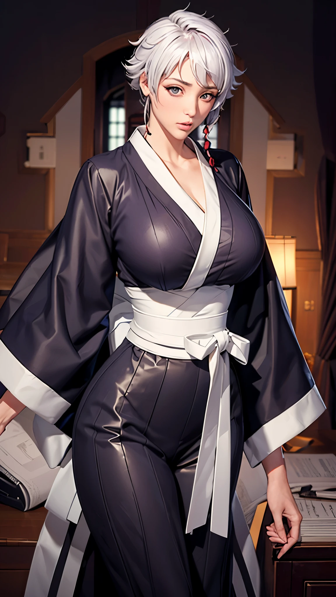 （（（完美figure，figure，long sleeves, japanese clothes, kimono, haori, black kimono, hakama, black hakama,（（（isane kotetsu, short hair, braid, white hair, (purple eyes:1.1), hair braid, ））），（（（wide hips））），S型figure:1.7））），((masterpiece)),high resolution, ((Best quality at best))，masterpiece，quality，Best quality，（（（ Exquisite facial features，looking at the audience,There is light in the eyes，blush，Happy））），（（（Interlacing of light and shadow，huge ））），（（（looking into camera，fighting stance，holding knife in hand）））