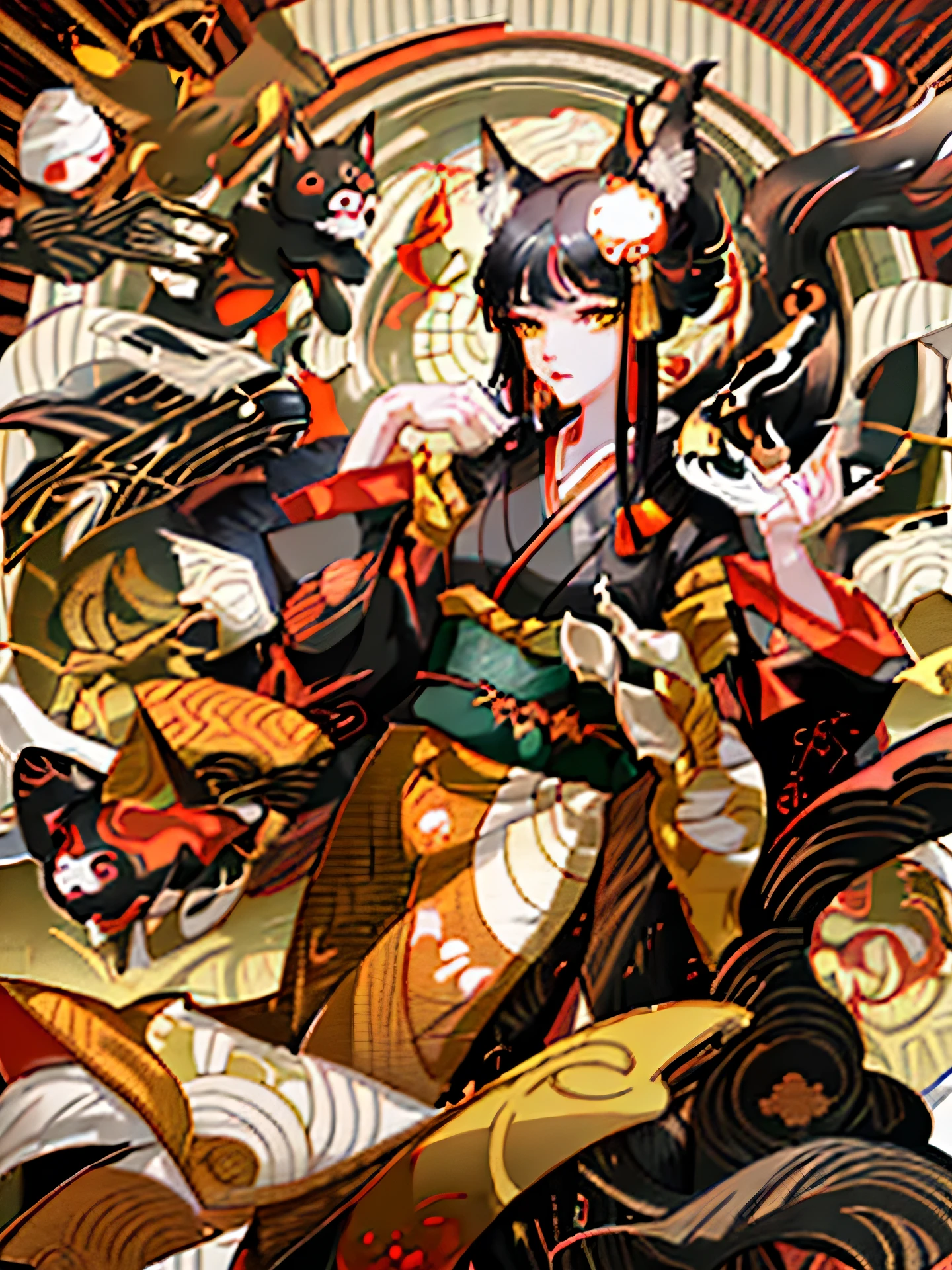 yellow eyes, fox ears, black hair, Japanese god, fox mask, 8k, best quality，anime style images：A woman wearing a kimono，surrounded by a spell，There is a cat on the head, Onmyoji，anime style artwork，long hair，split