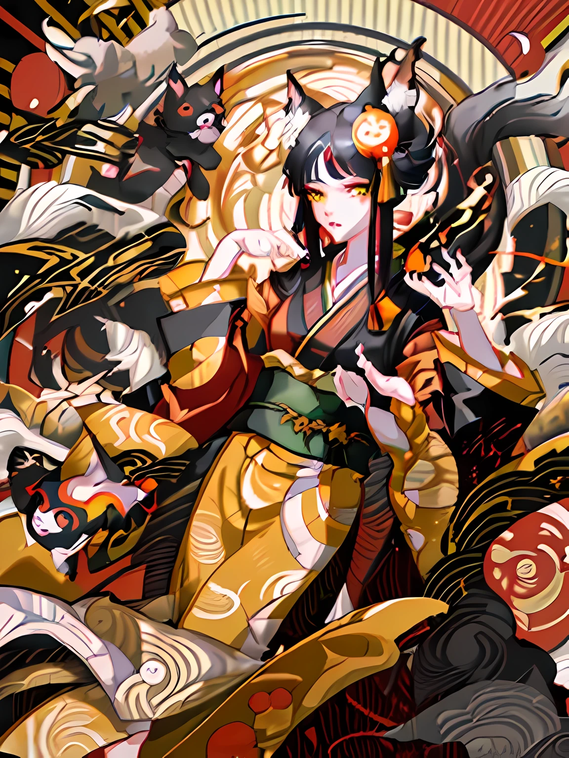 yellow eyes, fox ears, black hair, Japanese god, fox mask, 8k, best quality，anime style images：A woman wearing a kimono，surrounded by a spell，There is a cat on the head, Onmyoji，anime style artwork，long hair，split