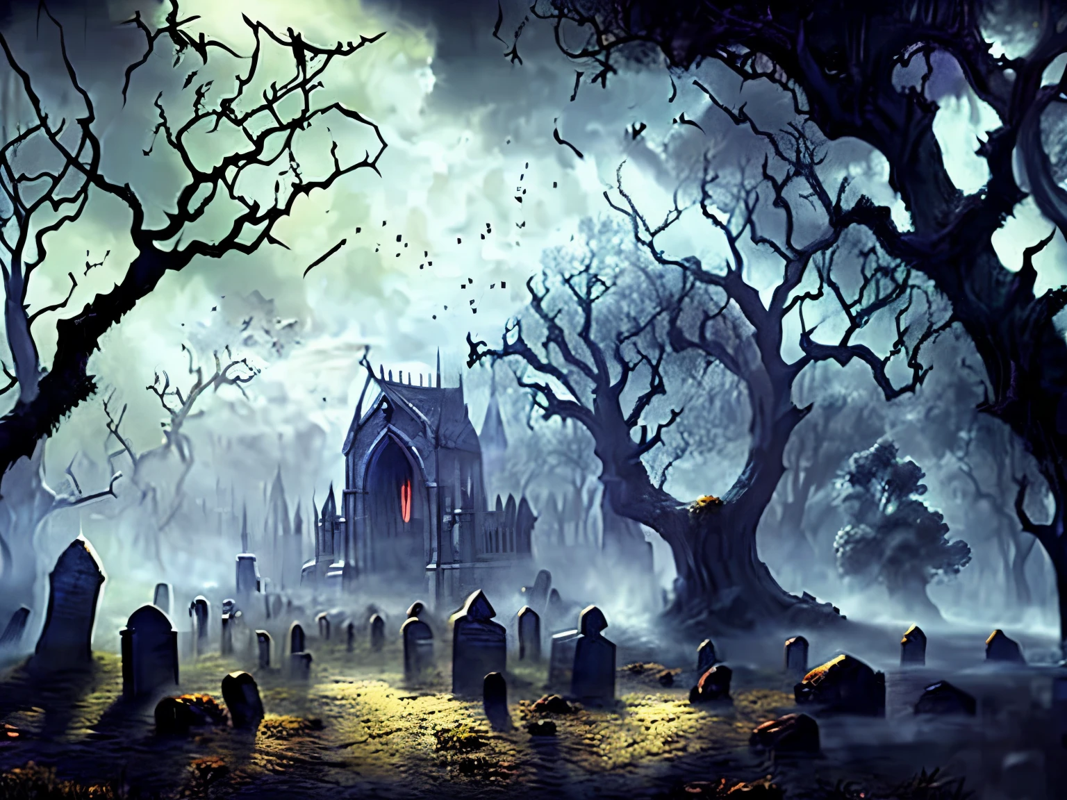 an image of a creepy cemetery with demons in the background, an ominous fantasy illustration, photorealistic dark concept art, dark high-contrast concept art, fantasy horror art, creepy nostalgic concept art, a dark cemetery scene from the video game Vermintide 2, where Lovecraftian horrors roam, creepy and dramatic atmosphere, gloomy fantasy art horror, the art of fantasy horror