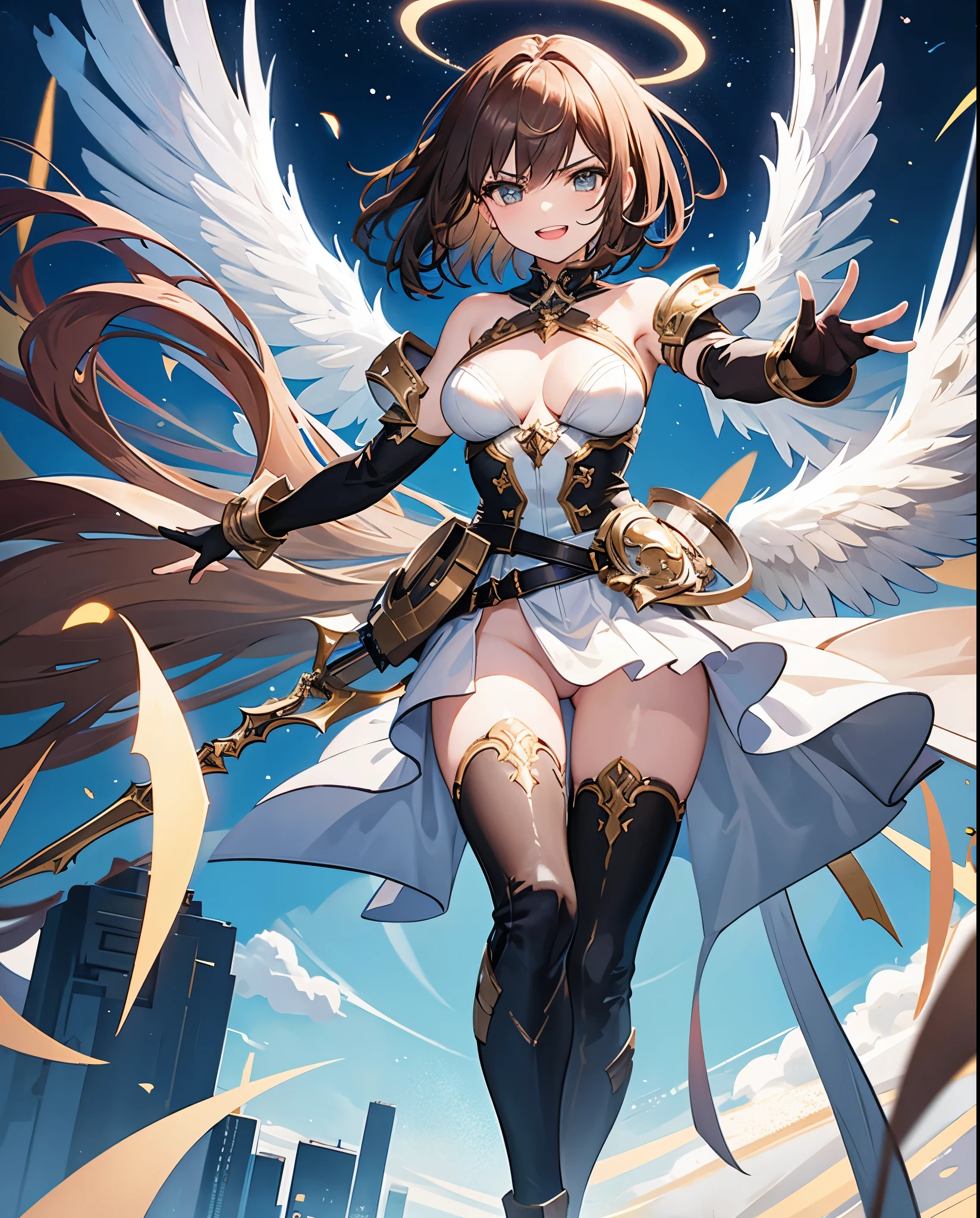 fantasy, 1angel_girl,, ,brown_hair, medium_bob_hair, long_bangs, halo,bare_shoulder,thighhighs,silver_armor, waist_armor, large_breasts,angry,grinning,open_mouth_teeth, 1pair_wings, dynamic_pose_fighting,floating, bare_crotch, headgear,gauntlet, greaves,city_sky_background,slightly_spread_legs, solo, groin_naked,
