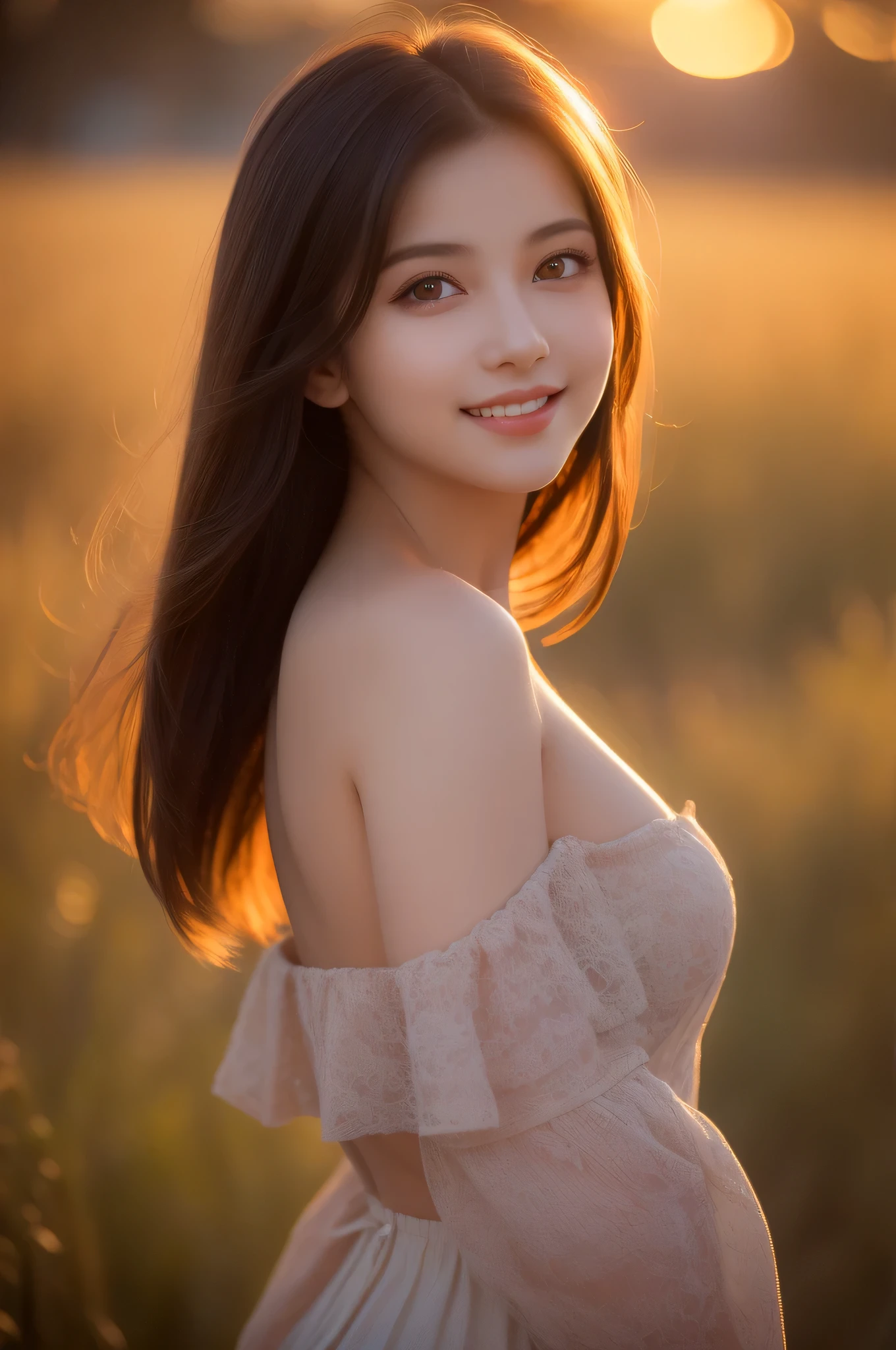 (ung girl), (highly detailed eyes, highly detailed hair, highly detailed face, Highly detailed plump lips), naked, (off shoulder), chest, Upper body, looking for a smile, (highest quality:1.4), RAW photo, (realistic, photo-realistic:1.37), professional photography, cinematic light, twilight, golden hour, Backlight, Depth of the bounds written,