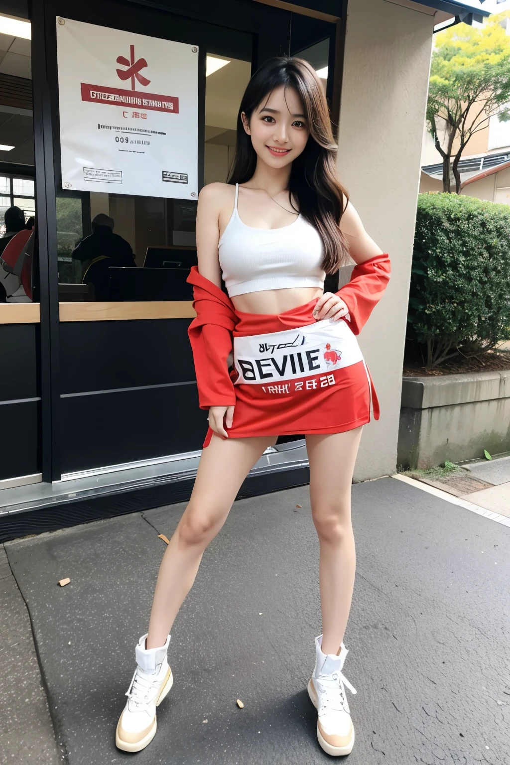 Beautiful Japanese girl, presenter, pretty, sexsy, smiling, standing holding a poster, with the words TPS FILTER, realistic picture.