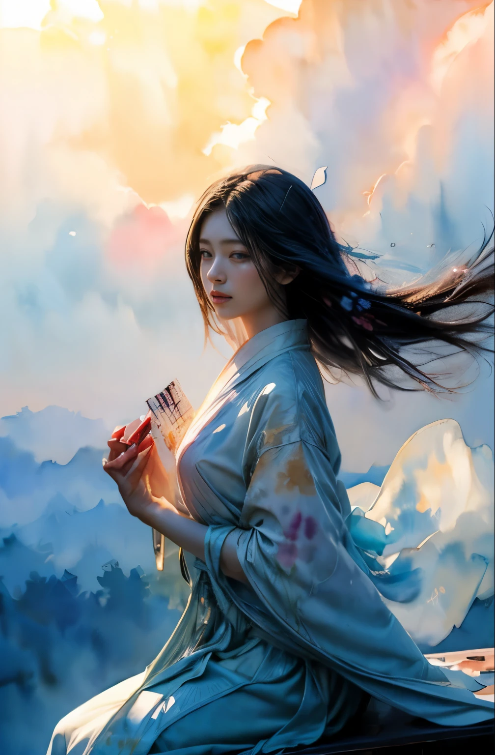 (table top, highest qualityの, highest quality, official art, (beautiful and aesthetic:1.4), (watercolor painting:1.4) ), (Izanami 1.5), 日本god話の女god, dignified beauty, 創造の女god、生命の女god、Typically、((((Typically))))、Reincarnation support, god'Grace, Calm and meditative look, flowing heavenly clothes, shine、created all the landscapes and worlds on earth, dazzling light dance, whispers of ancient legends