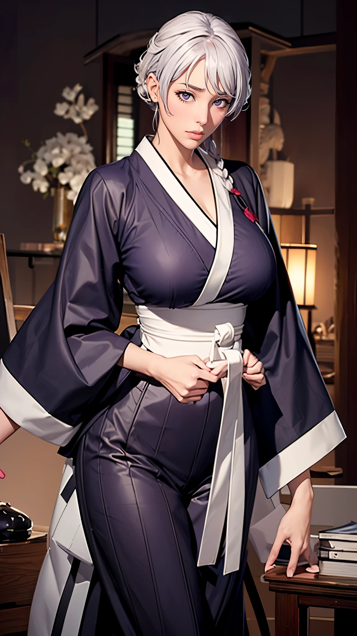 （（（完美figure，figure，long sleeves, japanese clothes, kimono, haori, black kimono, hakama, black hakama,（（（isane kotetsu, short hair, braid, white hair, (purple eyes:1.1), hair braid, ））），（（（wide hips））），S型figure:1.7））），((masterpiece)),high resolution, ((Best quality at best))，masterpiece，quality，Best quality，（（（ Exquisite facial features，looking at the audience,There is light in the eyes，blush，Happy））），（（（Interlacing of light and shadow，huge ））），（（（looking into camera，fighting stance，holding knife in hand）））