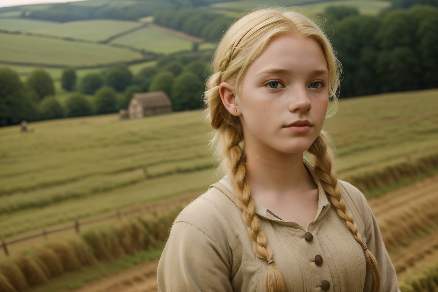 England, 1337. A young ((((18-year-old)) Gwenda)), strong, rustic, freckles all over her face, working hard in the farm, plowing the land. ((((clothings from the 1300s)))), ((blond hairstyle of the 1300s))