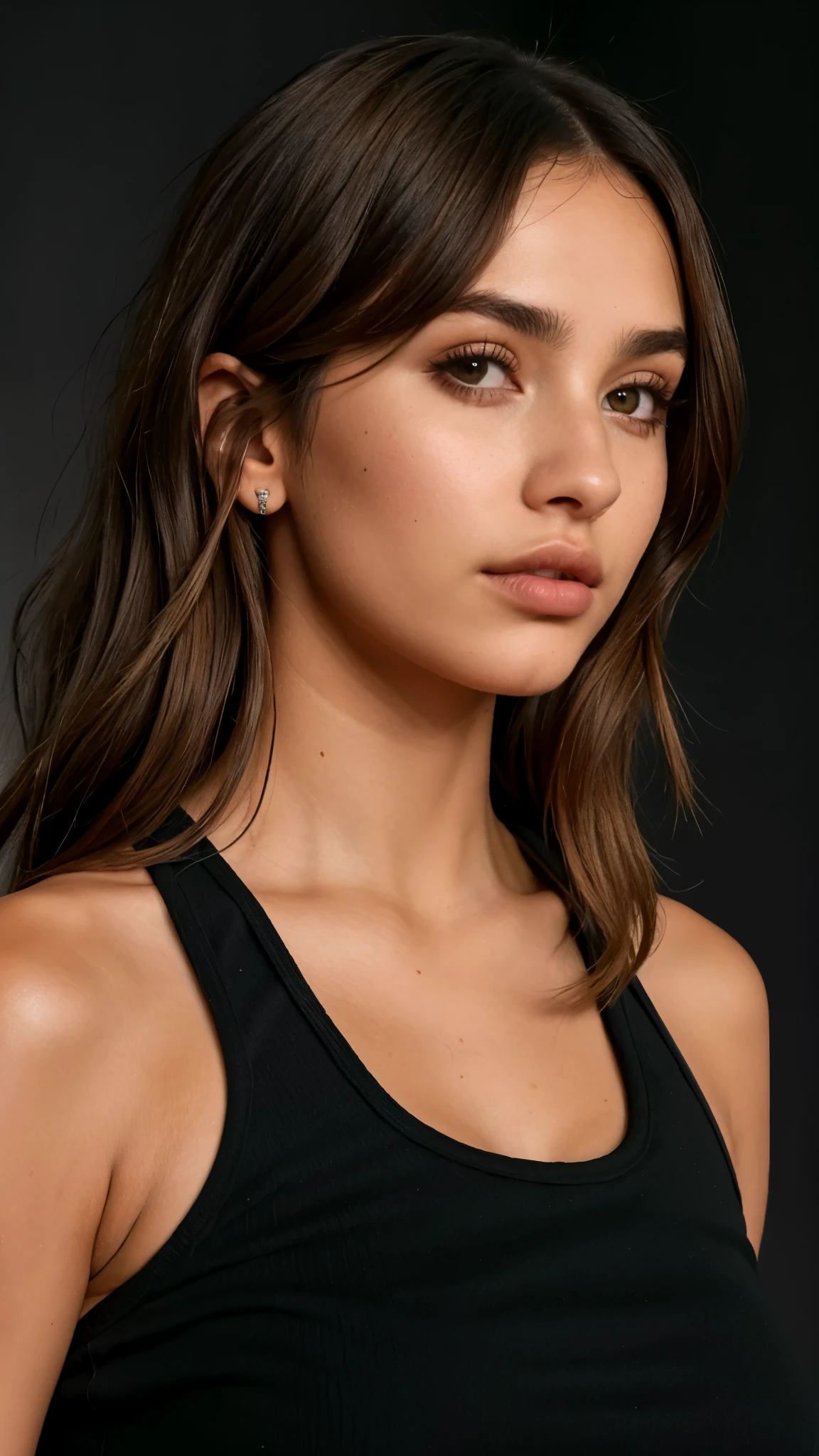 um close de uma mulher com uma blusa preta e um telefone celular, Retrato de Sophie Mudd, inspirado em Emma Andijewska, queixo definido, beautiful cheekbones, queixo forte, retrato emily ratajkowski, well queixo definido, queixo cinzelado, ana de armas portrait, defined cheekbones, moist skin, ellie victoria gale