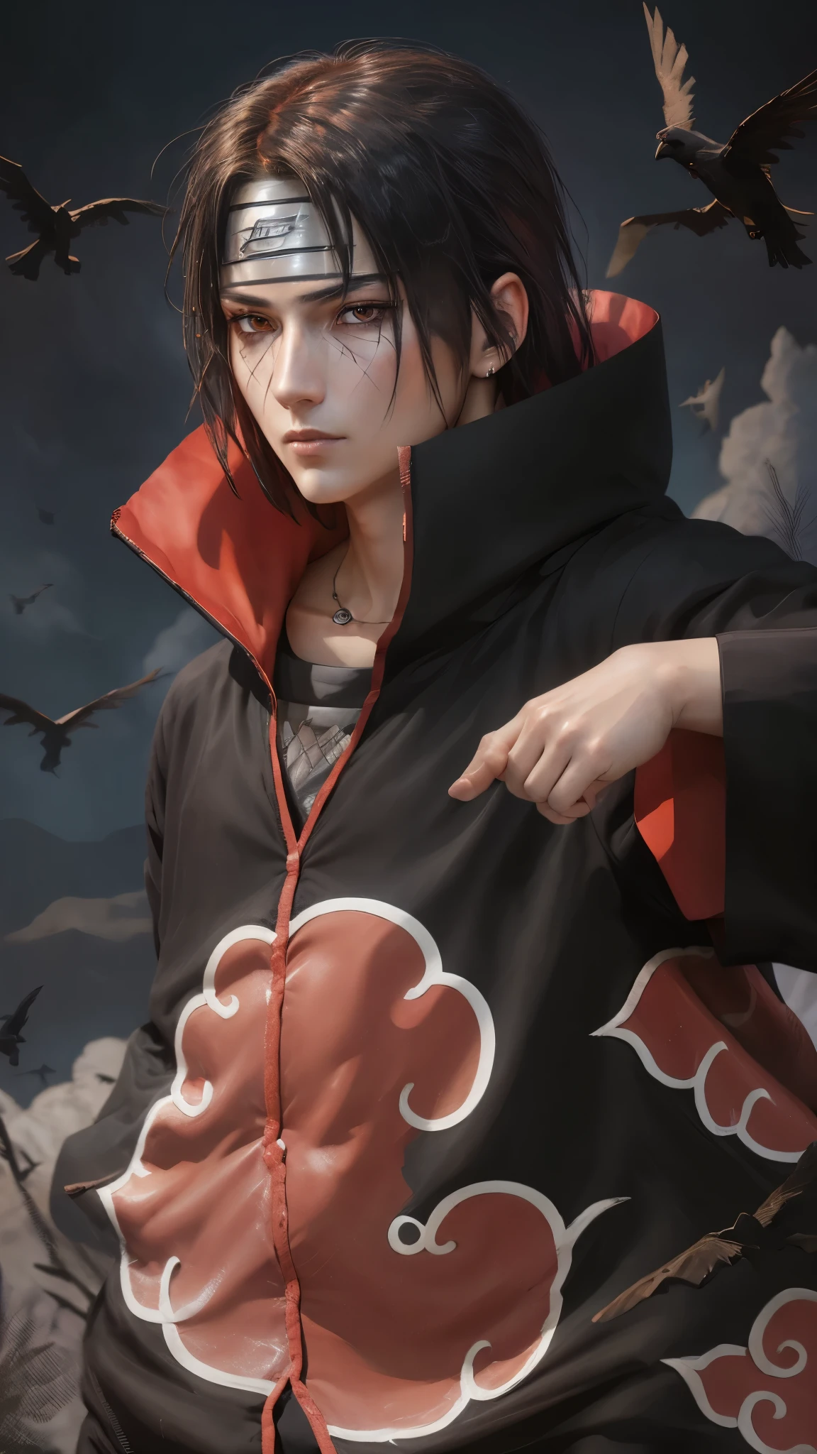 generate a masterpiece feature a solo anime character Itachi Uchiha From Naruto Shippuden series, Prefect face, astanding pose, solo focus, looking at viewers, cold look, crows flying around him, dark smoke background, neon shadow lights, soft shadow lights, soft dim shadow lights, best quality 