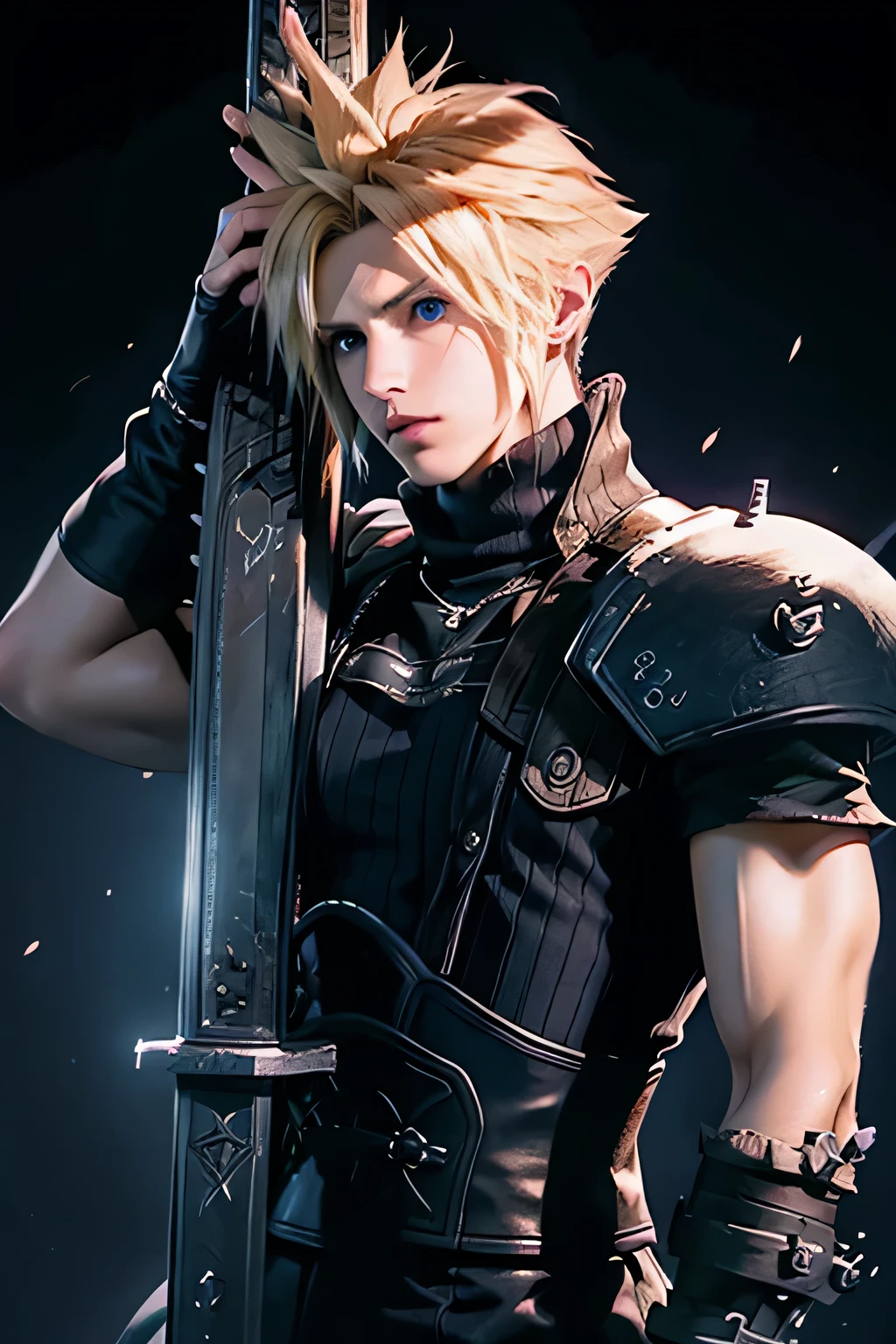 (8k、mais alta qualidade、Uma obra-prima:1.2)、(Realista、fotorrealista:1.3 Mulher madura madura Mulher madura Mulher madura Madura T)、Super Detalhado, (((1 man))), a close up of a person holding a sword in a city, (((cloud strife))), a photo of cloud strife, thancred waters in style of wlop, cloud strife from final fantasy, thancred waters, johan liebert mixed with alucard, from final fantasy, badass anime 8 k, final fantasy character, by Yang J, from ff7