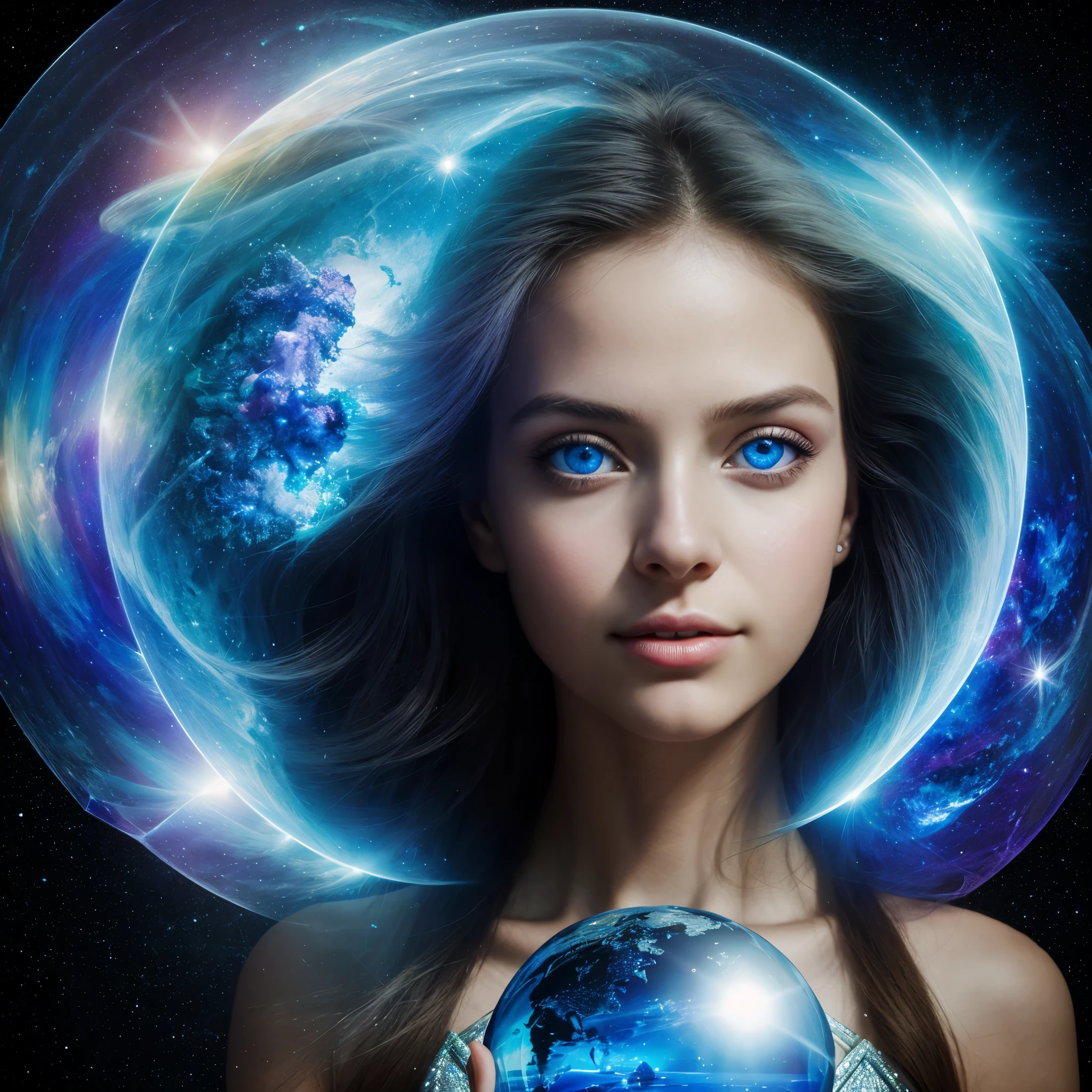Create an acrylic painting that depicts not just a young woman's face, mas sua aura, your blue eyes inside a translucent and transparent crystal sphere, as if your joy was captured in an ethereal moment. This magnificent scene not only evokes the feeling of a daytime space , but immerses the viewer in a fascinating universe of sensations , com supernovas brilhando ao fundo, creating a cinematic atmosphere