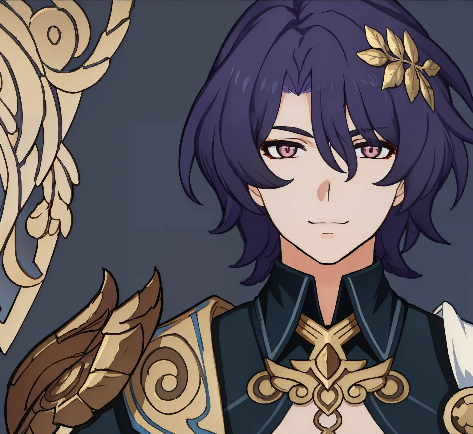 anime boy, cocky, smug expression, purple hair, dark brown eyes, black suit, gold ornaments, a drawing of a man in greek clothes, 1boy, masterpiece, (beautiful and aesthetic:1. 5), thick black lineart, clean lineart, perfect lineart, variable lineart, thick lineart, clean anime outlines, intense line art, bold lineart, sharp lineart, heavy lineart, line art, best quality, high quality, high details, super detail, anatomically correct, best quality, ultra-detailed, colourful, saturated colours, dynamic lighting, HD,