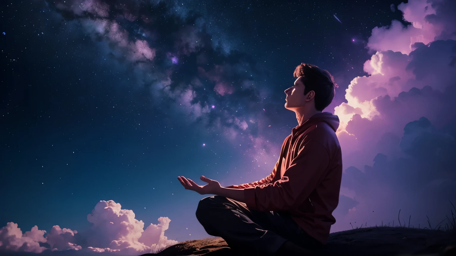 guy meditating, 4k colours, photo realistic image, bright purple clouds and universe in background