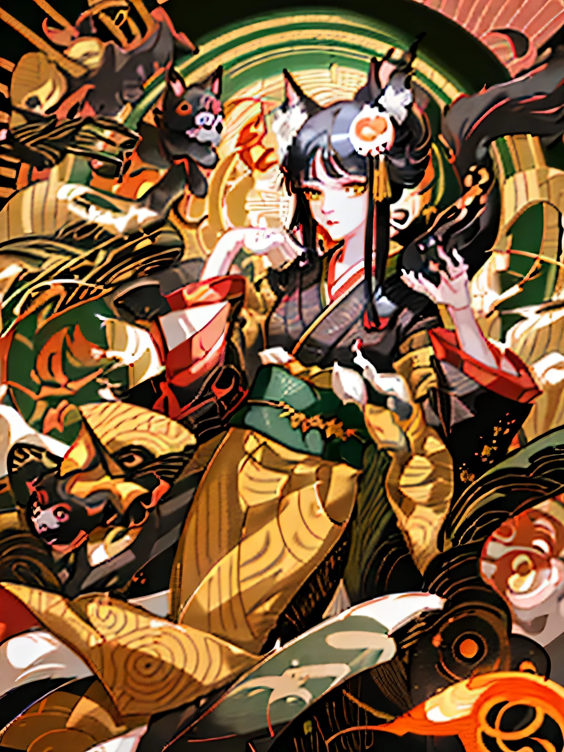 yellow eyes, fox ears, black hair, Japanese god, fox mask, 8k, best quality，anime style images：A woman wearing a kimono，surrounded by a spell，There is a cat on the head, Onmyoji，anime style artwork，long hair，