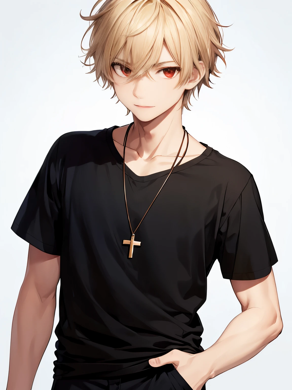 1boy,Walking in the desert, guy,half body photo,HD face,Focus on face,cross necklace,handsome,messy hair,Perfect face, detailed face, short hair, blonde hair,black t-shirt, Plain t-shirt,black t-shirt,short sleeve t-shirt,black trousers, Long pants,red eyes,bright red eyes, vampire
