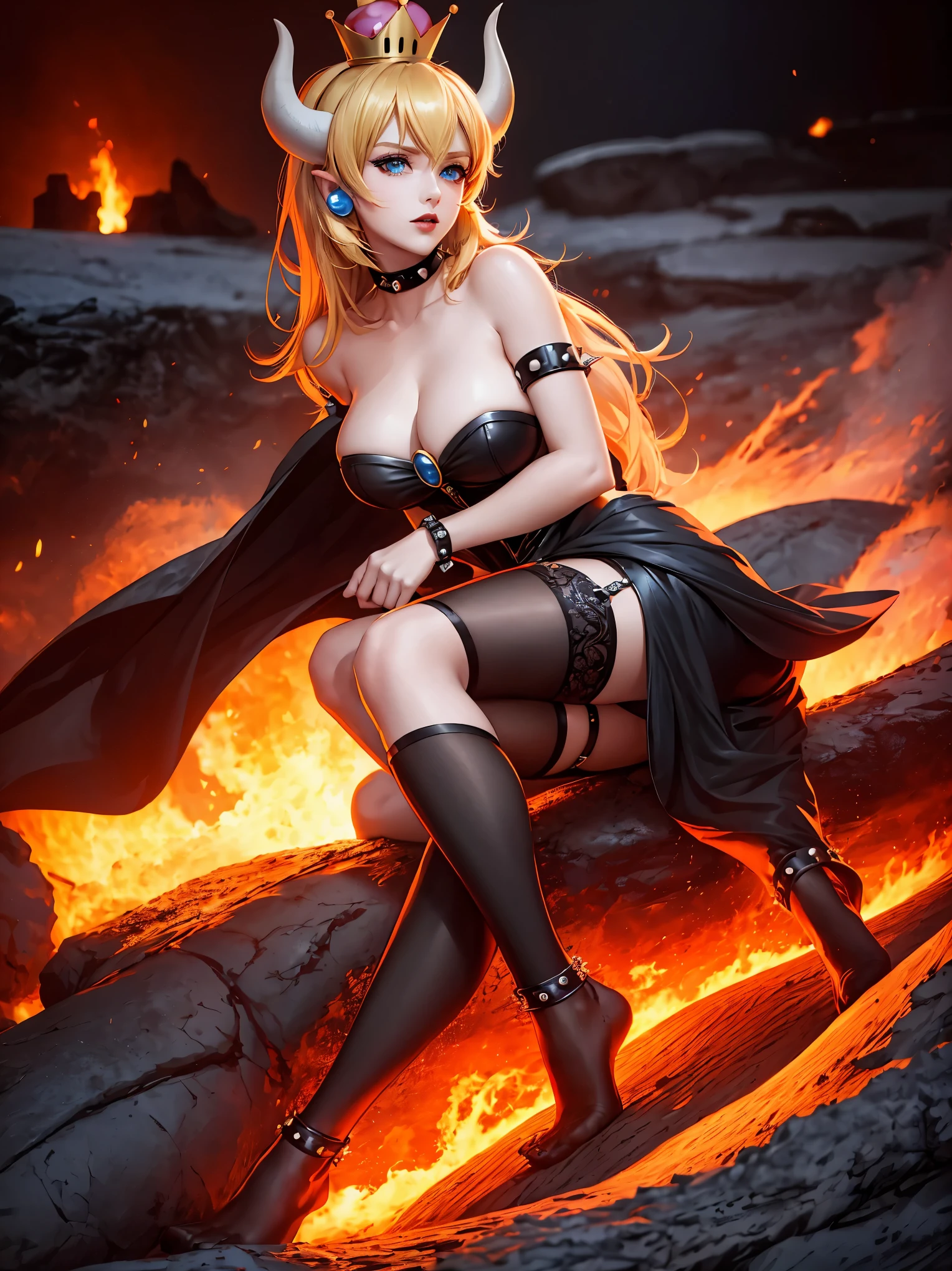 ((high detailed, best quality, 4k, masterpiece, hd:1.3)), ((best quality)), (((HD))), (((8k))), (ultraDH), (ultra HD), Princess Daisy, blue eyes, BREAK blue eyes, seductive, attractive, smooth anime cg art, 36C breasts, long legs, vivid colors, detailed digital art, slim body, perfect skin, dark blonde hair, long hair, blonde hair, blonde hair, BREAK crown, cleavage, 36C cleavage, looking at viewer, BREAK looking at viewer, extremely detailed face, red santa suit, red santa claus suit, santa claus suit, earrings, gem, dark black makeup lips, dark gothic eyeshadows, dark eyeshadows, black eyeshadows, black sexy lips, black lips, (dark:1.2), dark lips, very dark lips, (perfect hands, perfect anatomy), black makeup, black medium lips, black thick lips, detailed fingers, five fingers per hand, 5 fingers, (1 girl), detailed lips, detailed black lips, black painted lips, gothic painted lips, BREAK night, night sky, (breast focus), (arms outstreched:1.2), (from above:1.1), (breasts out:1.3), (off shoulder:1.1), (white horns), (corset), inside a lava castle, she inside a sea of lava, she bathing in lava, full body, perfect long legs, perfect foots, legs and foots into the lava,
