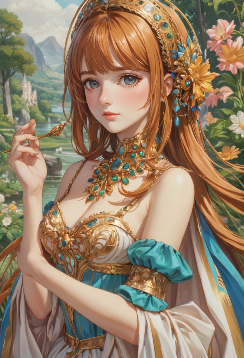 pfstyle, girl alone, sexy, big breasts, Charming, Long Very Hair White Colors, Fashionable Outfit with beautiful design, Hair Shine in the Form of Golden Dust, very beautiful, Facing the Spectator, Leaned on the Wooden Gate, Background: Field of colorful flowers, Fairytale Wind Swirls in the Background, Clear Elaboration of Details, bright colors, The Sun's Rays Are Shining, Clouds are floating across the sky, The Picture is Alive, Small Animals Squirrels Run, Full elaboration of details, masterpiece, maximum details, Huge Scale Painting,score_9, score_8_up,score_7_up, masterpiece, best quality, perfect anatomy, very aesthetic, official art, 8k