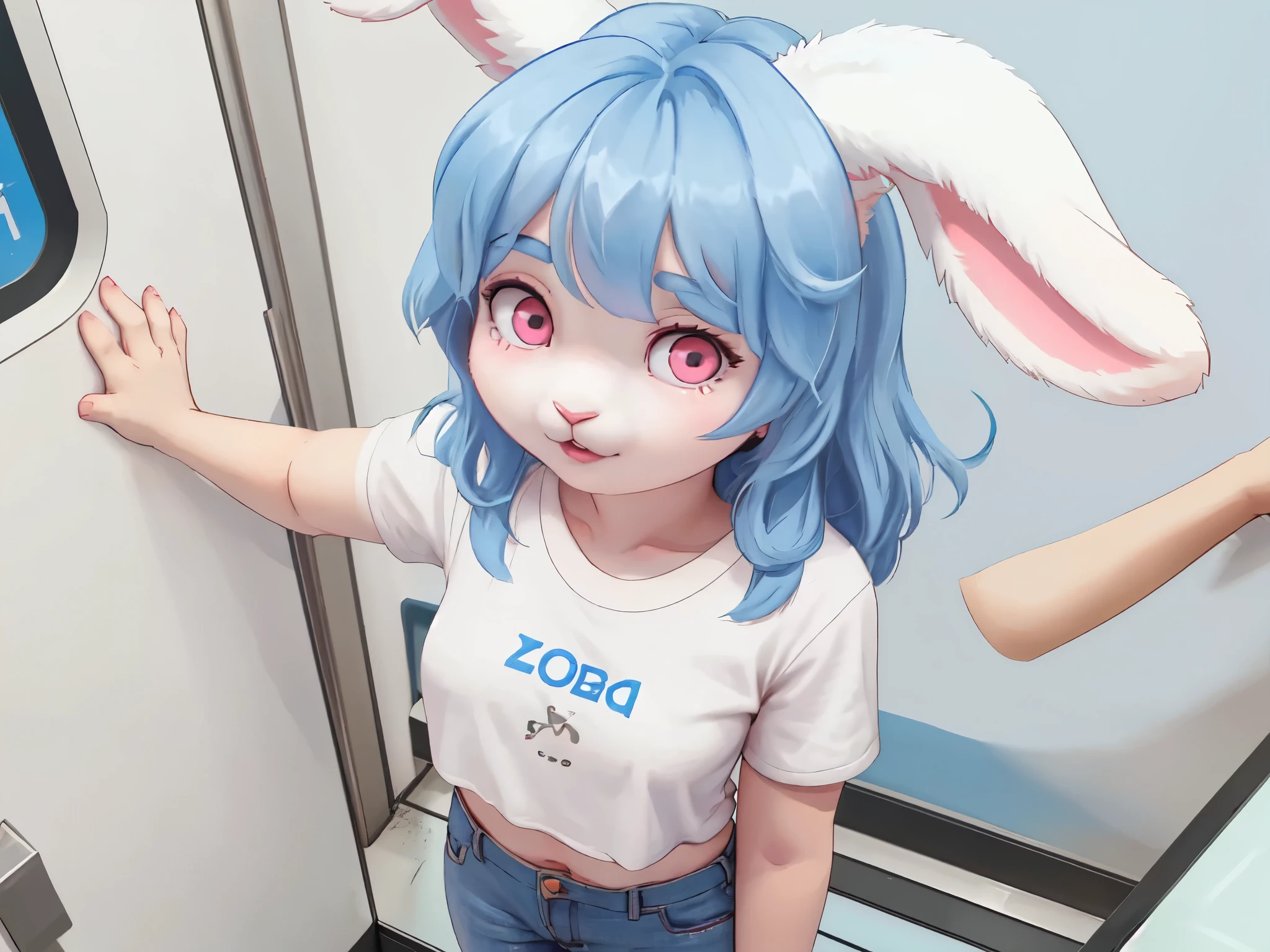 ((A young female white rabbit furry)), (plump body figure),(young furry), (short height), (no breasts), light blue long curly hair, pink eyes, white fur, in korean metro, sfw, t-shirts, short jeans, solo, high angle