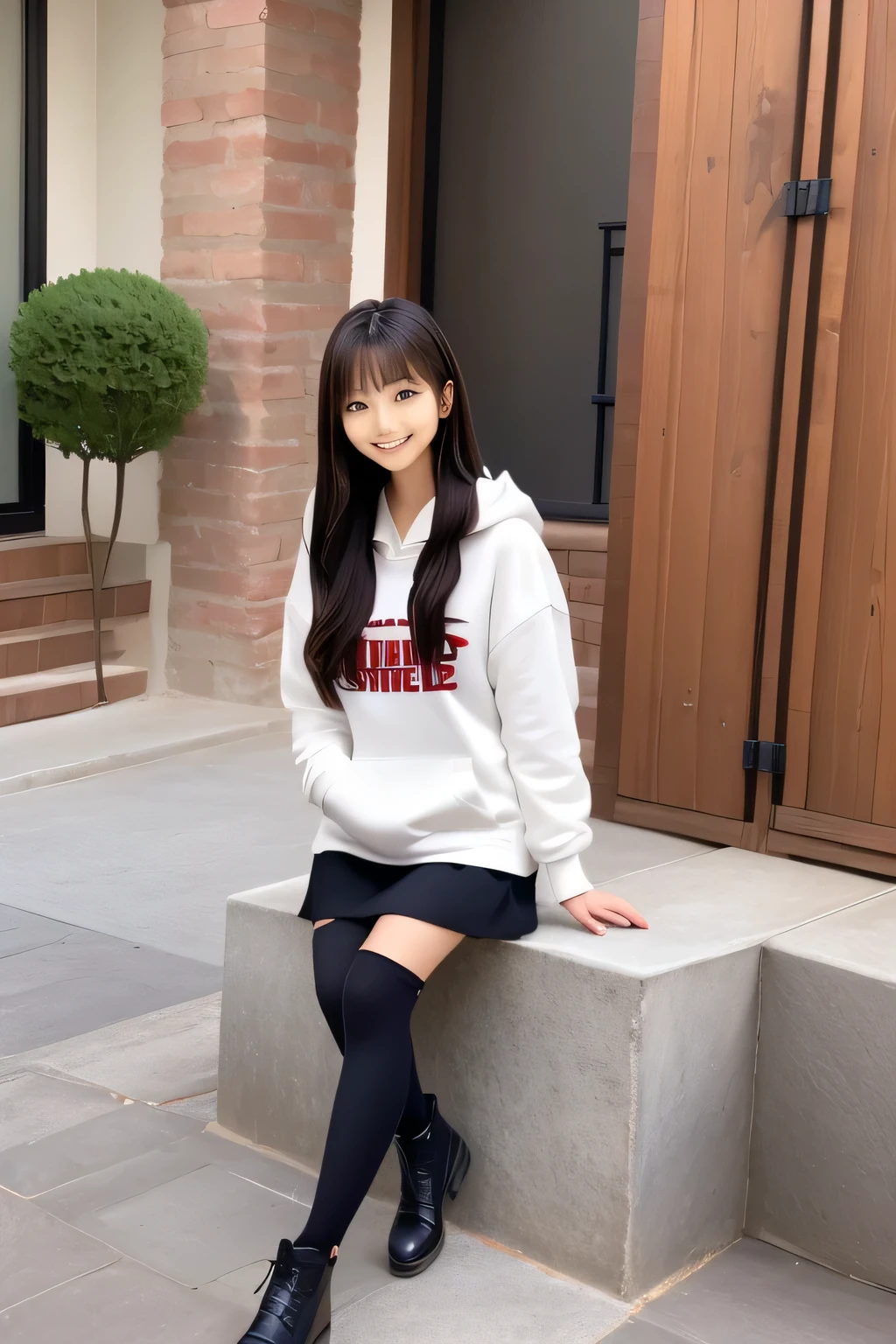 whiteいパーカーと黒いスカートを着て写真のためにポーズをとるアラフィーの女の子, Chiho, shikamimi, kimi takemura, white!!, motto hole, harumi, y2k style, y2k style, 8k!!, Rena name year style 3/4, eat and drink, High resolution!!, Straight long hairstyles, bangs, lips、out makeup、short eyelashes、looking at the viewer、lazy smile、realistic、High resolution、debris flies, highest quality, 8k, Beautiful woman、In detail
