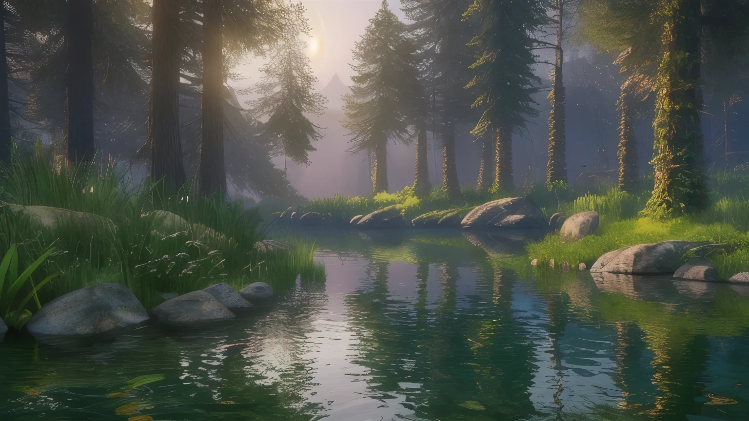 Nature reflected in a lake in the middle of a beautiful forest, realistic, well made, detailed, 8k