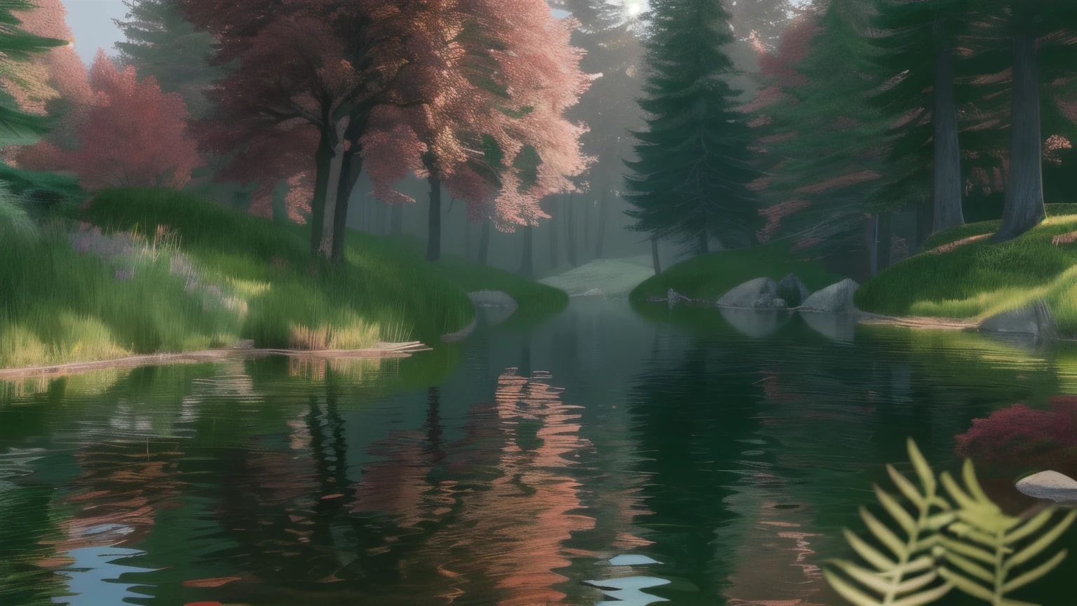 Nature reflected in a lake in the middle of a beautiful forest, realistic, well made, detailed, 8k