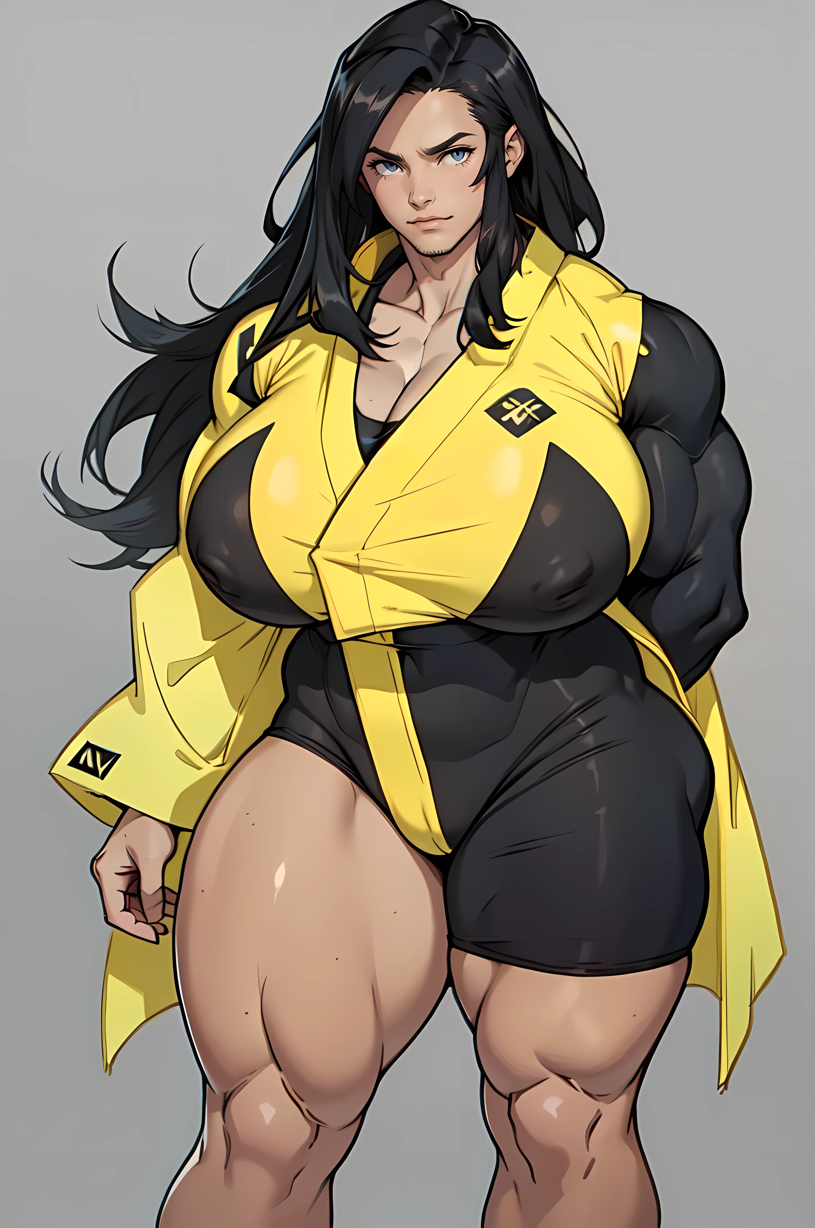 ((grey background)), solo, ((((1 girl)))), very long hair, black hair, angry, yellow eyes, (((((Massive Female Bodybuilder))))), (huge tits), (thick thighs), (wide hips), pale skin, standing, slick hair, kimono