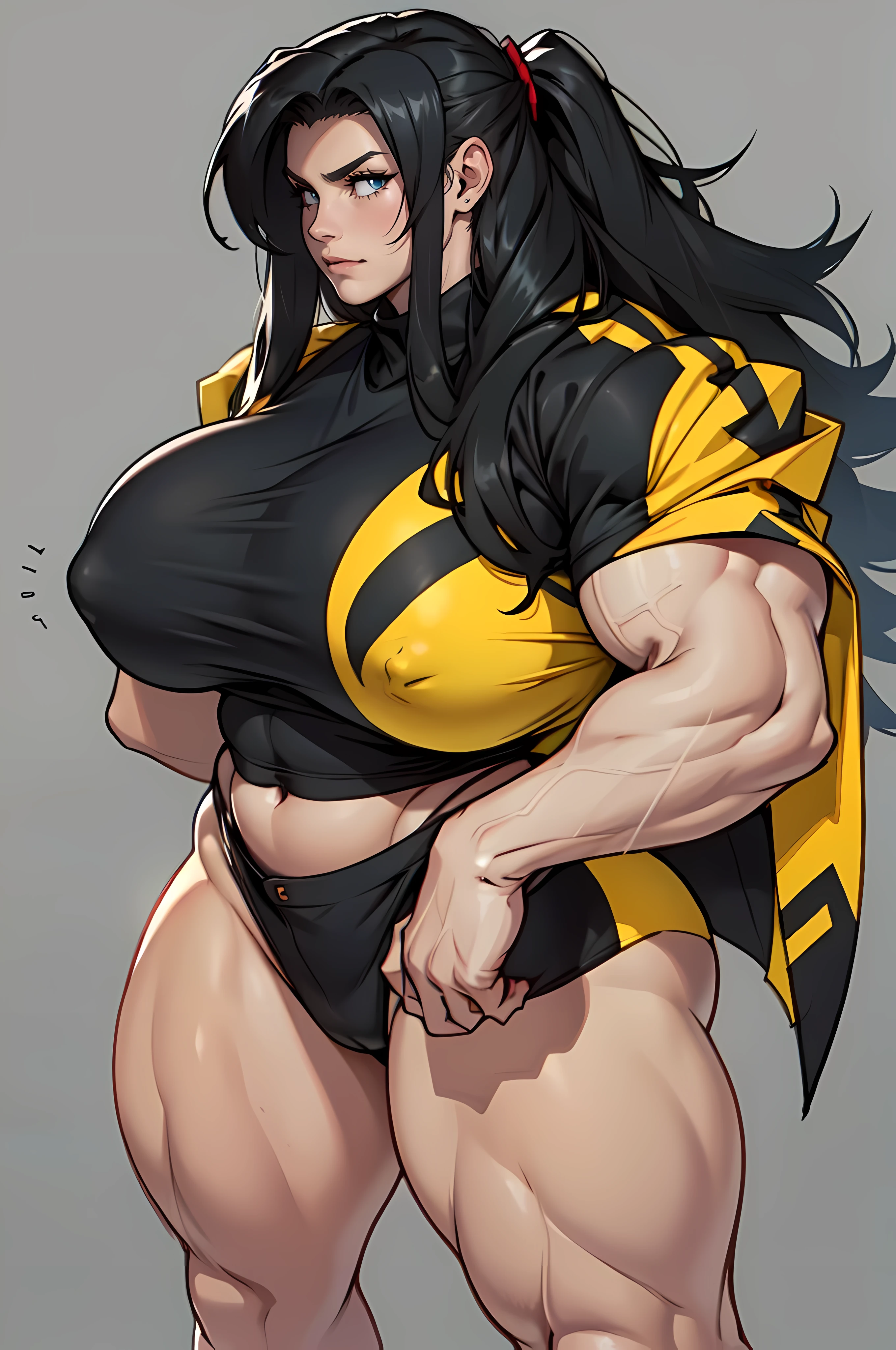 ((grey background)), solo, ((((1 girl)))), very long hair, black hair, angry, yellow eyes, (((((Massive Female Bodybuilder))))), (huge tits), (thick thighs), (wide hips), pale skin, standing, slick hair, kimono