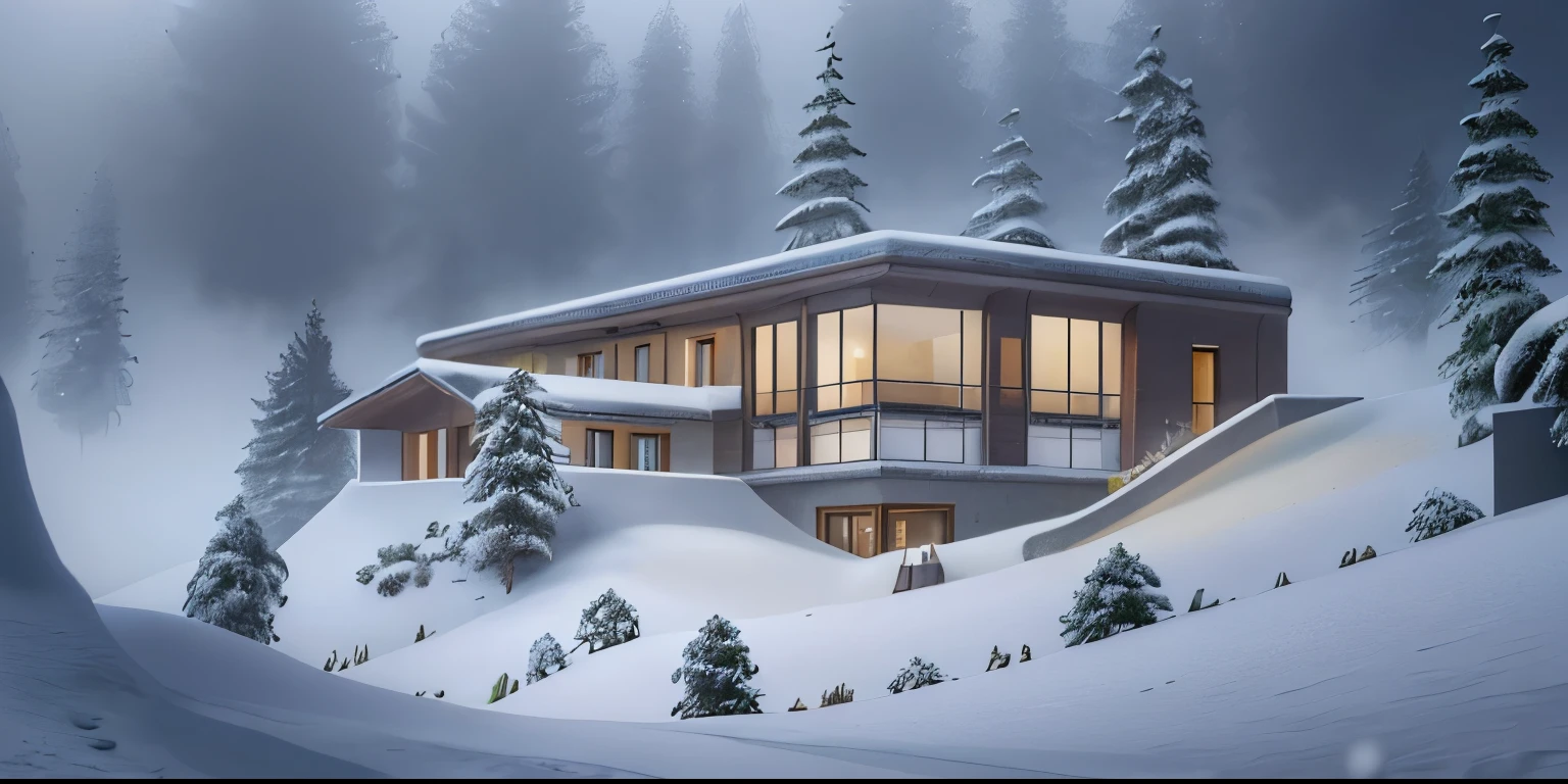 a modern mansion in the snow in Switzerland, with trees all around, snowing and a foggy atmosphere