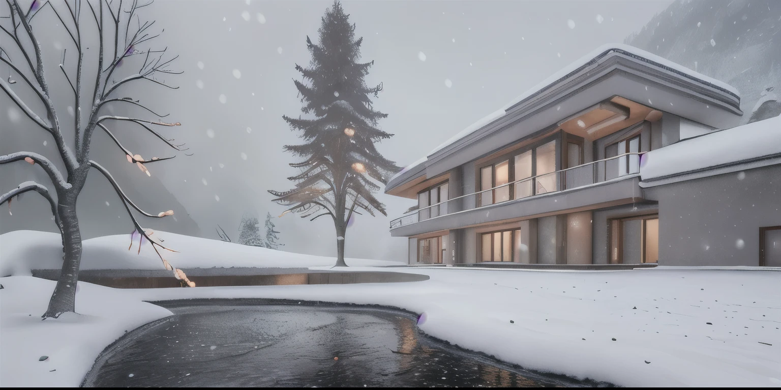 a modern mansion in the snow in Switzerland, with trees all around, snowing and a foggy atmosphere 