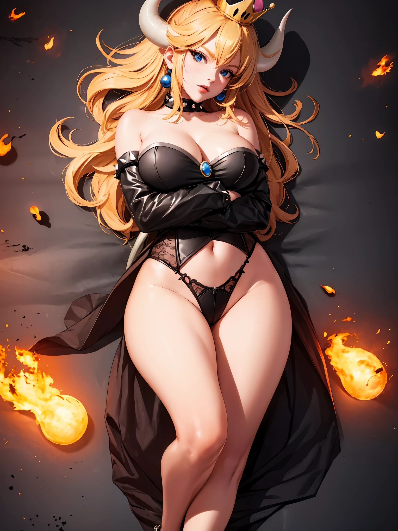 ((high detailed, best quality, 4k, masterpiece, hd:1.3)), ((best quality)), (((HD))), (((8k))), (ultraDH), (ultra HD), Princess Daisy, blue eyes, BREAK blue eyes, seductive, attractive, smooth anime cg art, 36C breasts, long legs, vivid colors, detailed digital art, slim body, perfect skin, dark blonde hair, long hair, blonde hair, blonde hair, BREAK crown, cleavage, 36C cleavage, looking at viewer, BREAK looking at viewer, extremely detailed face, red santa suit, red santa claus suit, santa claus suit, earrings, gem, dark black makeup lips, dark gothic eyeshadows, dark eyeshadows, black eyeshadows, black sexy lips, black lips, (dark:1.2), dark lips, very dark lips, (perfect hands, perfect anatomy), black makeup, black medium lips, black thick lips, detailed fingers, five fingers per hand, 5 fingers, (1 girl), detailed lips, detailed black lips, black painted lips, gothic painted lips, BREAK night, night sky, (breast focus), (arms outstreched:1.2), (from above:1.1), (breasts out:1.3), (off shoulder:1.1), (white horns), (corset), inside a lava castle, she inside a sea of lava, she bathing in lava, full body, perfect long legs, perfect foots, legs and foots into the lava,