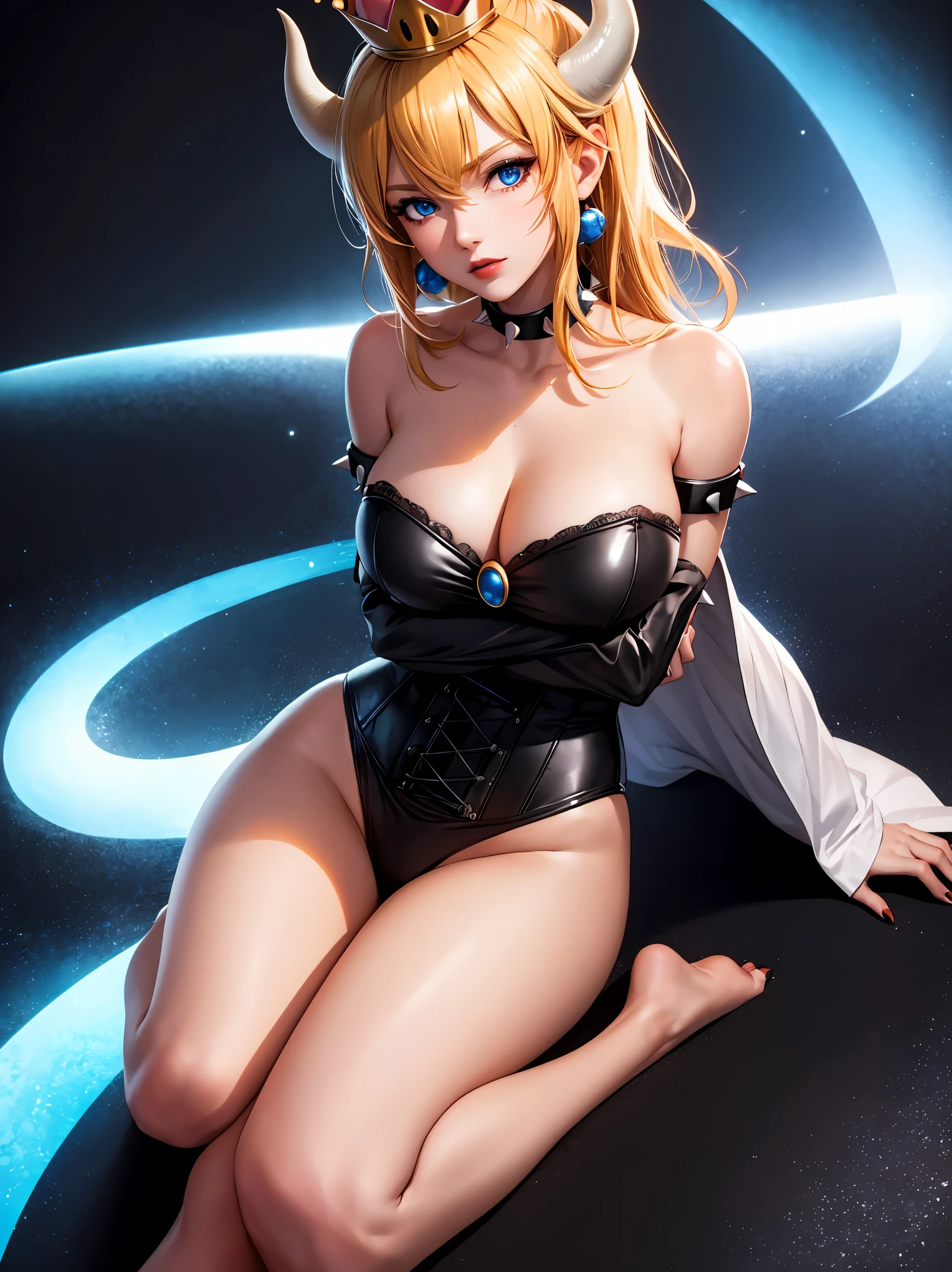 ((high detailed, best quality, 4k, masterpiece, hd:1.3)), ((best quality)), (((HD))), (((8k))), (ultraDH), (ultra HD), Princess Daisy, blue eyes, BREAK blue eyes, seductive, attractive, smooth anime cg art, 36C breasts, long legs, vivid colors, detailed digital art, slim body, perfect skin, dark blonde hair, long hair, blonde hair, blonde hair, BREAK crown, cleavage, 36C cleavage, looking at viewer, BREAK looking at viewer, extremely detailed face, red santa suit, red santa claus suit, santa claus suit, earrings, gem, dark black makeup lips, dark gothic eyeshadows, dark eyeshadows, black eyeshadows, black lips, black lips, (dark:1.2), dark lips, very dark lips, (perfect hands, perfect anatomy), black makeup, black medium lips, black thick lips, detailed fingers, five fingers per hand, 5 fingers, (1 girl), detailed lips, detailed black lips, black painted lips, gothic painted lips, BREAK night, night sky, (breast focus), (arms outstreched:1.2), (from above:1.1), (breasts out:1.3), (off shoulder:1.1), (white horns), (corset), inside a lava castle, she inside a sea of lava, she bathing in lava, full body, perfect long legs, perfect foots, legs and foots into the lava,