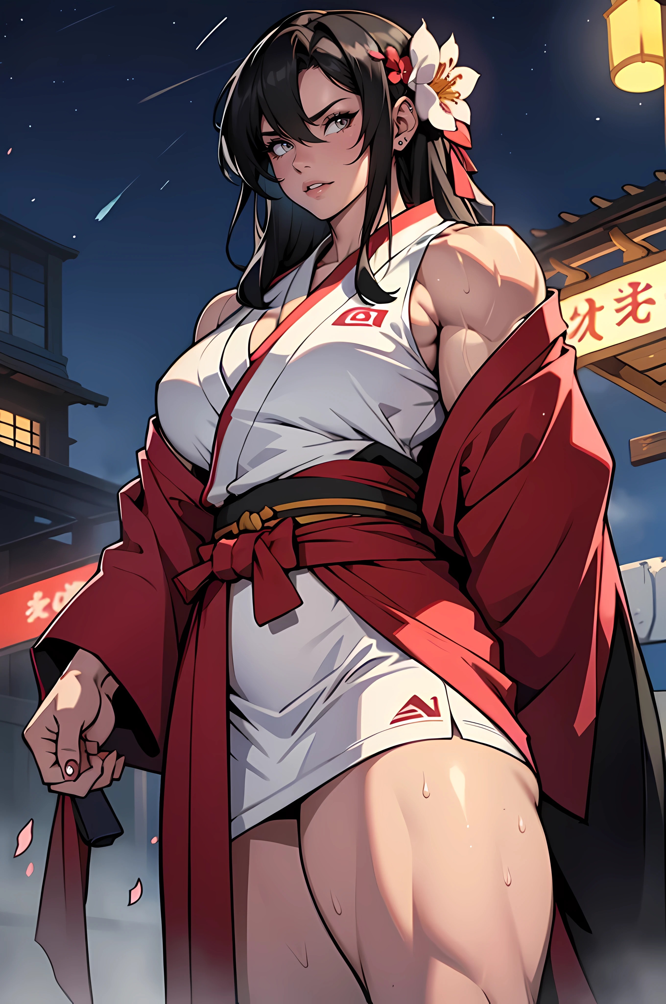 black hair, yellow eyes, solo, sweaty, shiny skin, angry, pale skin, ((((((muscular, 1girl)))))), curvy, thin waist, very long hair, cowboy shot, sweaty, perky breasts, kimono nighttime sakura blossom