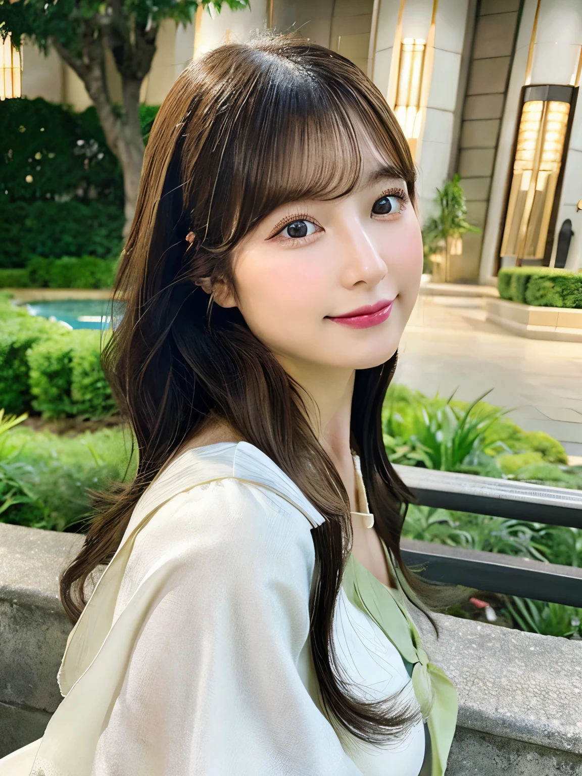 Hermosa chica japonesa de cabello largo y lacio deojos grandes verdes, piel de porcelana, hermoso rostro asiatico, aesthetic and pretty face, rostro bonito, japanese makeup, rostro delgado, cuerpo delgado y bonito, cuerpo perfecto. Foto de perfil.