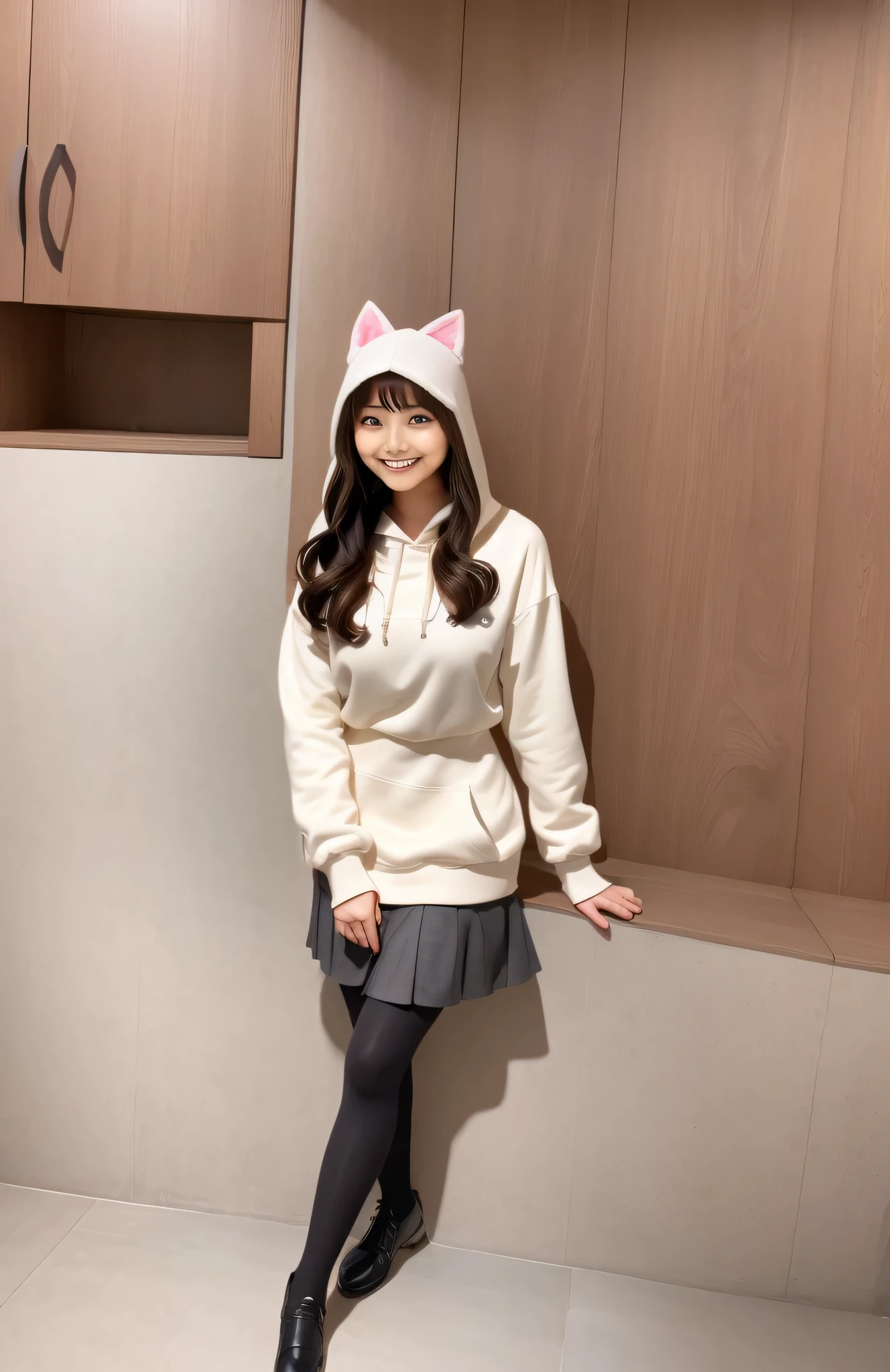 whiteいパーカーと黒いスカートを着て写真のためにポーズをとるアラフィーの女の子, Chiho, shikamimi, kimi takemura, white!!, motto hole, harumi, y2k style, y2k style, 8k!!, Rena name year style 3/4, eat and drink, High resolution!!, Straight long hairstyles, bangs, lips、out makeup、short eyelashes、looking at the viewer、lazy smile、realistic、High resolution、debris flies, highest quality, 8k, Beautiful woman、In detail