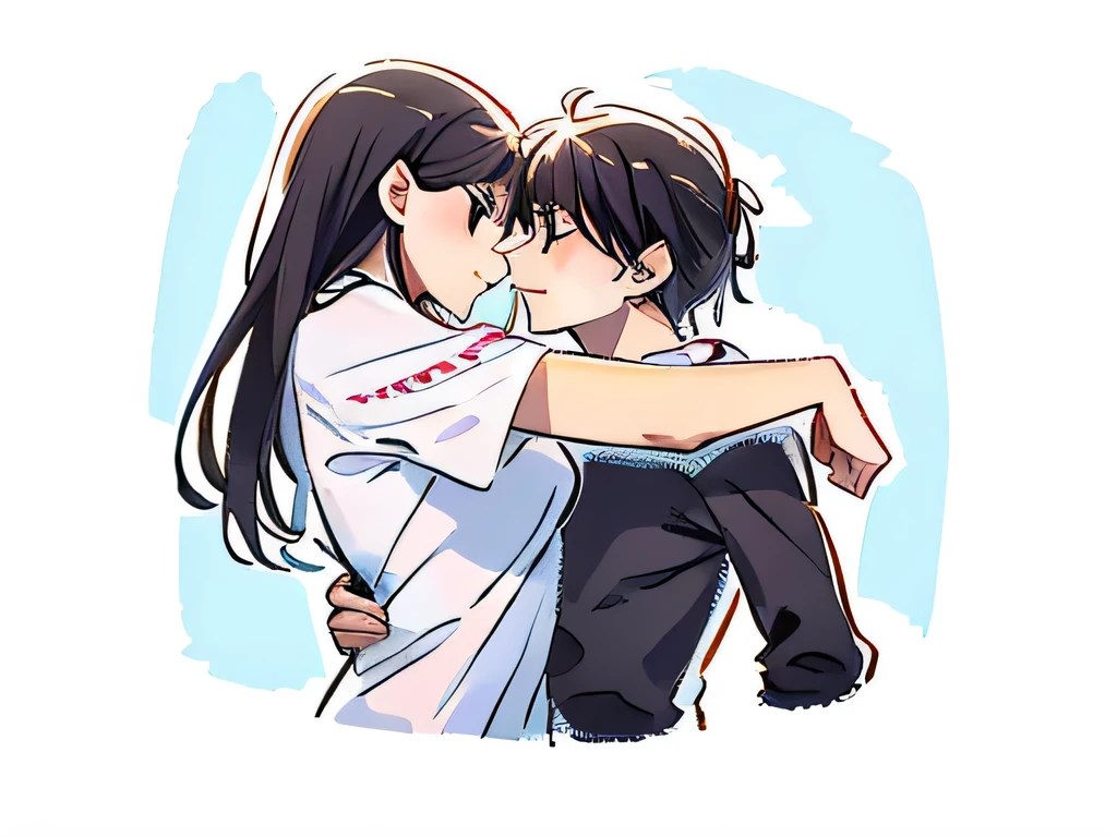 Perfect anime illustration, side view  portrait of a girl and a guy, girl is hugging the guy wrapped her arms around his neck