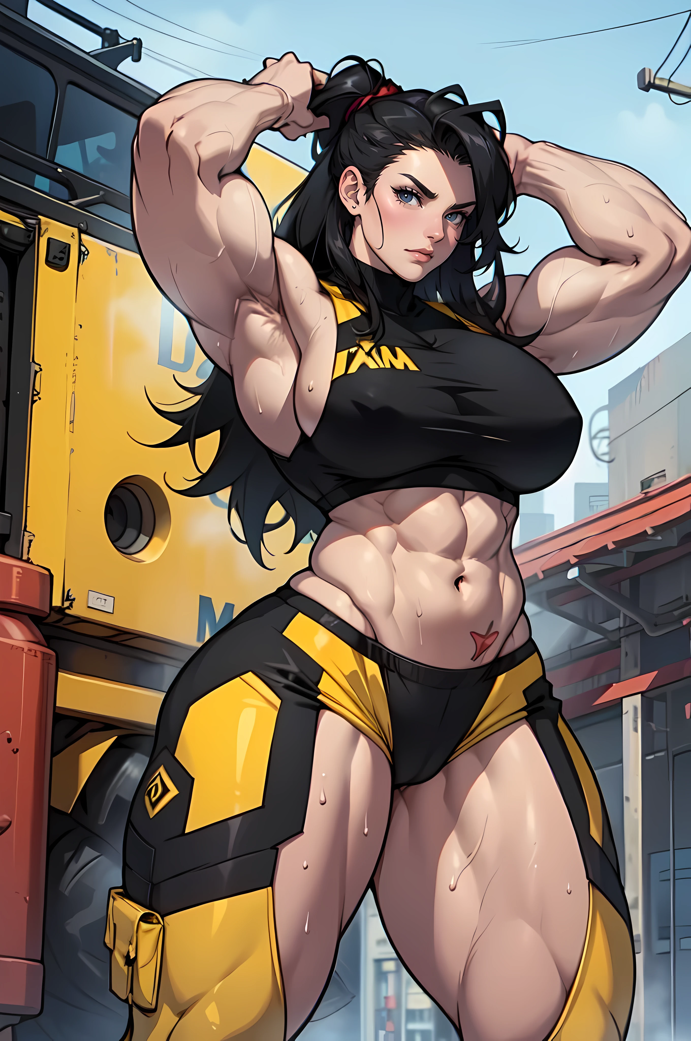 huge breasts pale skin very long hair black hair yellow eyes 1 girl, ((((Muscular Quadriceps)))), (((Massive Female Bodybuilder))), armpits seductive expression sweaty angry