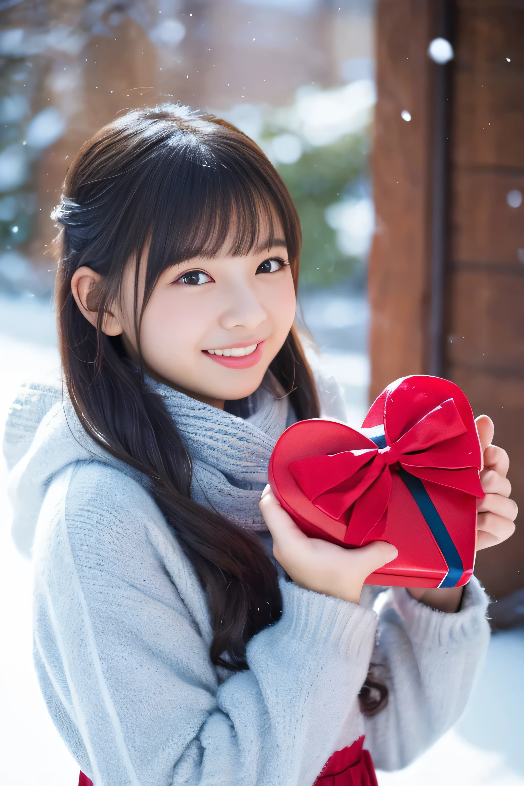 (highest qualthaty,realistic,High resolution),1 girl,thin and beautiful eyes,thick and beautiful lips,smile,laughter,cute,Happy,enjoying,winter,Joyful,Excthated,dazzling light,crew,cozy atmosphere,magic moment,Twinkle Star,that'that'It's snowing,ground covered wthath soft snow,colorful holiday decorations,red and whthate colors,elegant dress,fluffy scarf,Happy memories,愛とlaughter、 girl、((heart shaped gift box:1.4))、baby face、Cooking at camera、Completely naked,Full body Esbian,NSFW, snowy cthaty、