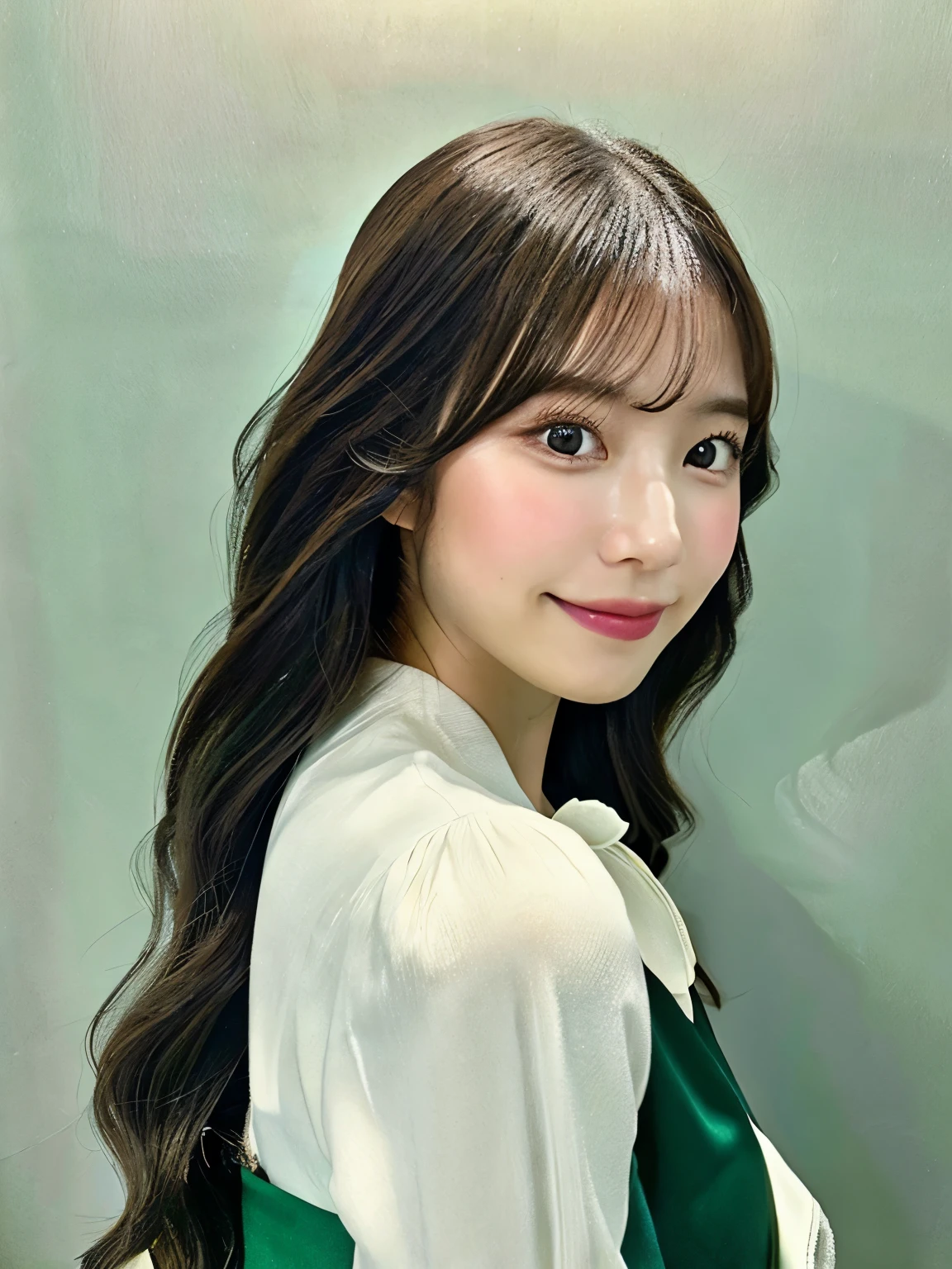 Hermosa chica japonesa de cabello largo y lacio deojos grandes verdes, piel de porcelana, hermoso rostro asiatico, aesthetic and pretty face, rostro bonito, japanese makeup, rostro delgado, cuerpo delgado y bonito, cuerpo perfecto. Foto de perfil.