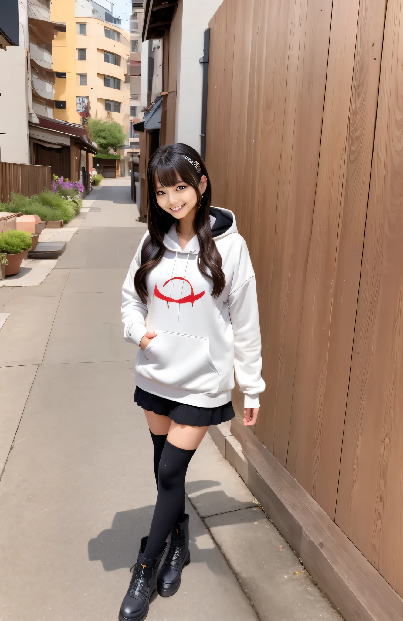 whiteいパーカーと黒いスカートを着て写真のためにポーズをとるアラフィーの女の子, Chiho, shikamimi, kimi takemura, white!!, motto hole, harumi, y2k style, y2k style, 8k!!, Rena name year style 3/4, eat and drink, High resolution!!, Straight long hairstyles, bangs, lips、out makeup、short eyelashes、looking at the viewer、lazy smile、realistic、High resolution、debris flies, highest quality, 8k, Beautiful woman、In detail